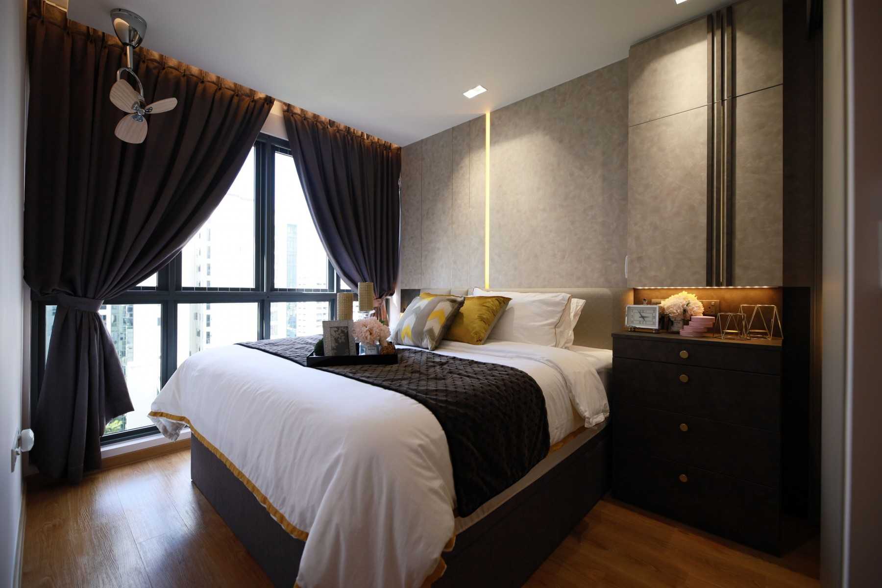 Contemporary Bedroom with Parquet Floor and Bedside Table