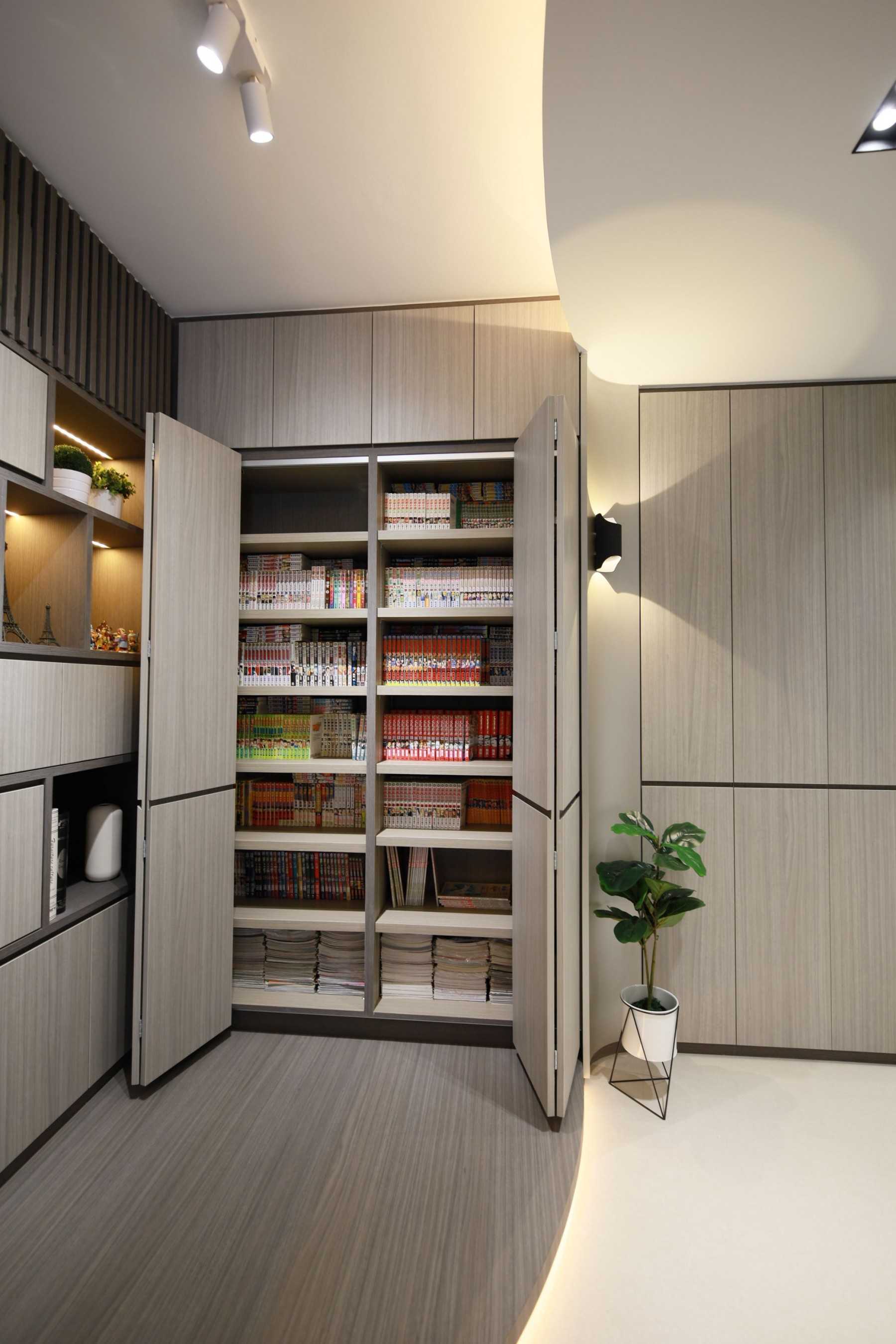 Contemporary Living Room with Bookshelf and Display Cabinets