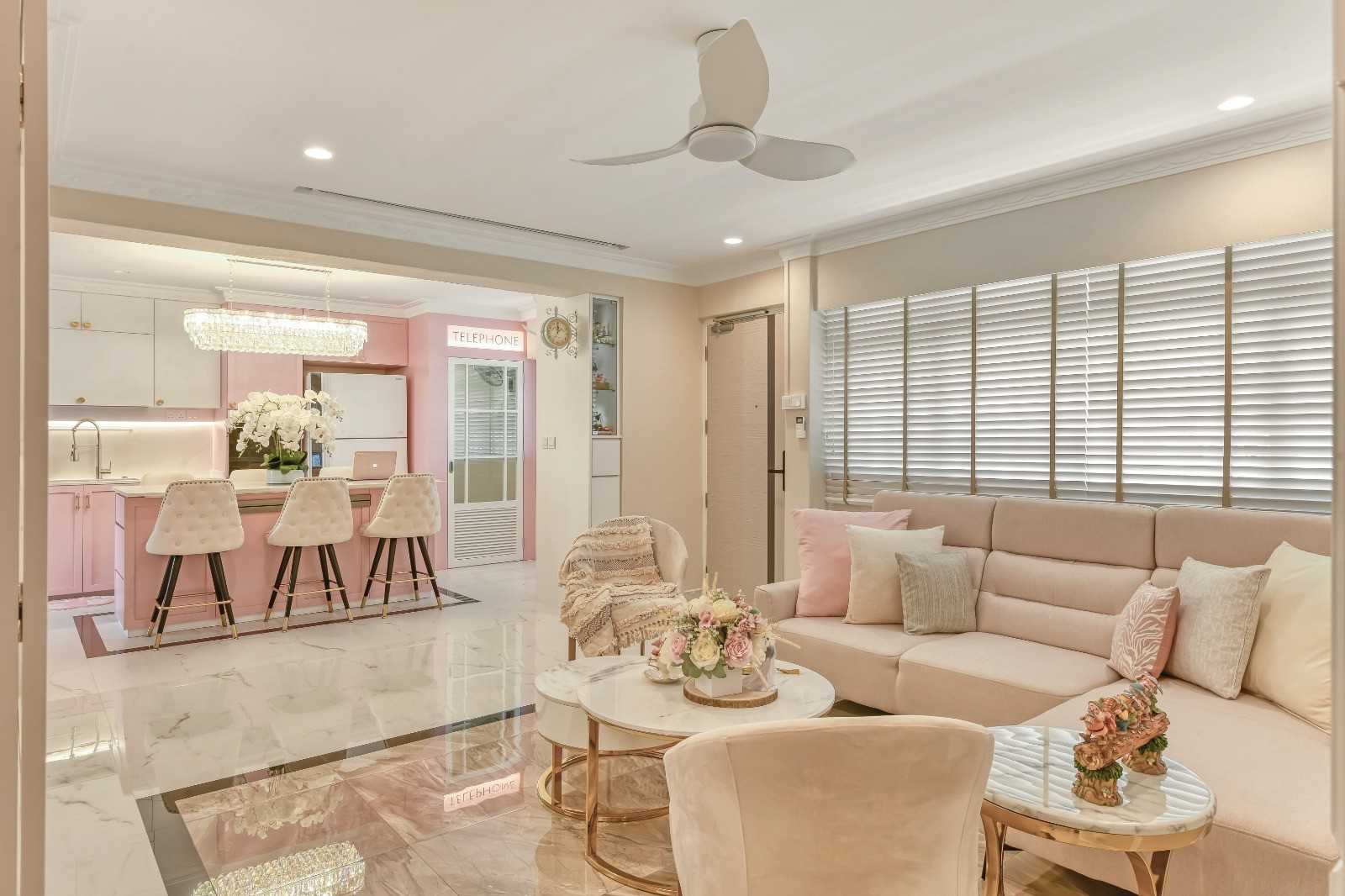 Contemporary Living Room with Drop Ceiling and Roller Blinds