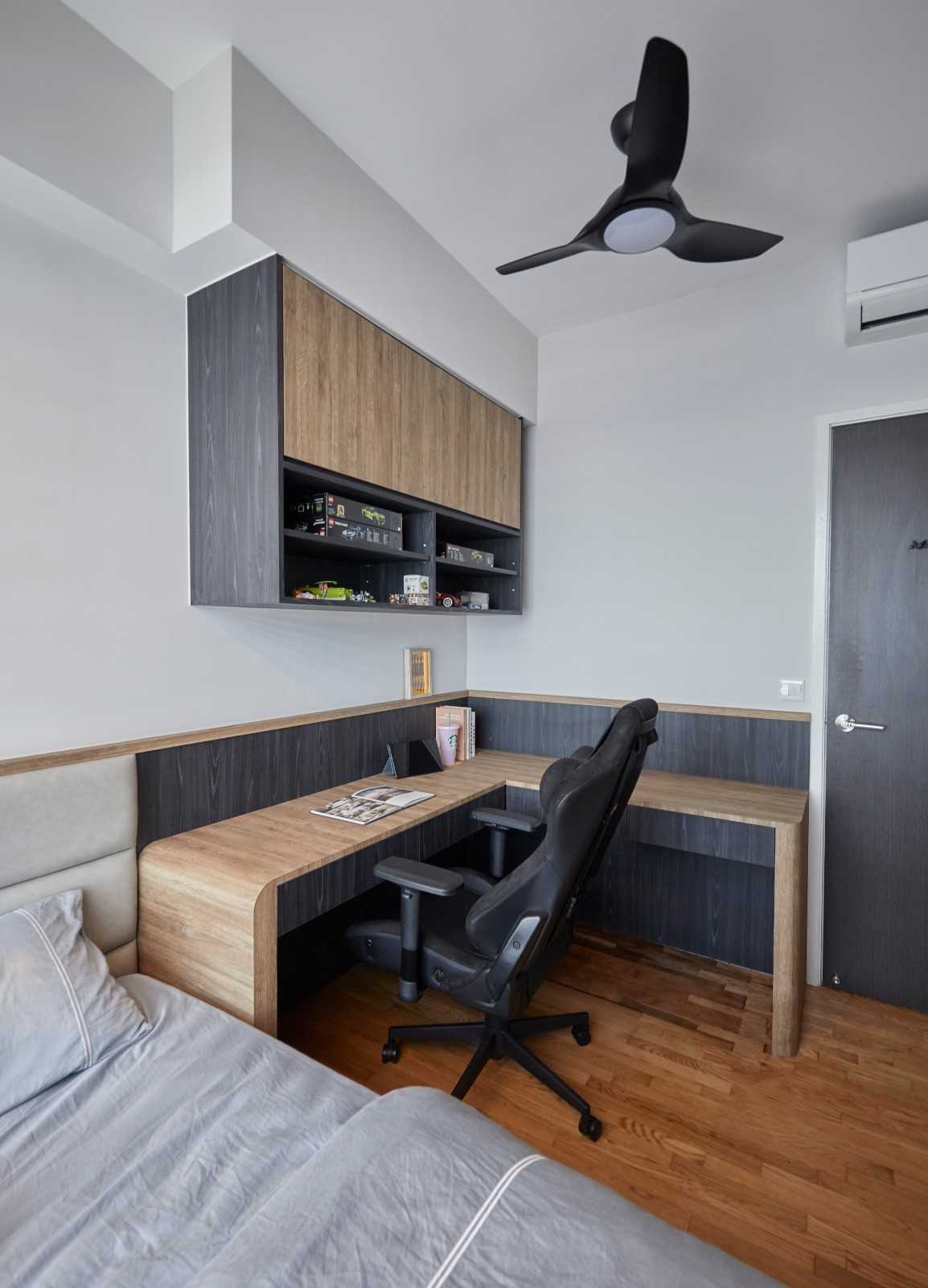Contemporary Bedroom with Bookshelf and Platform Bed