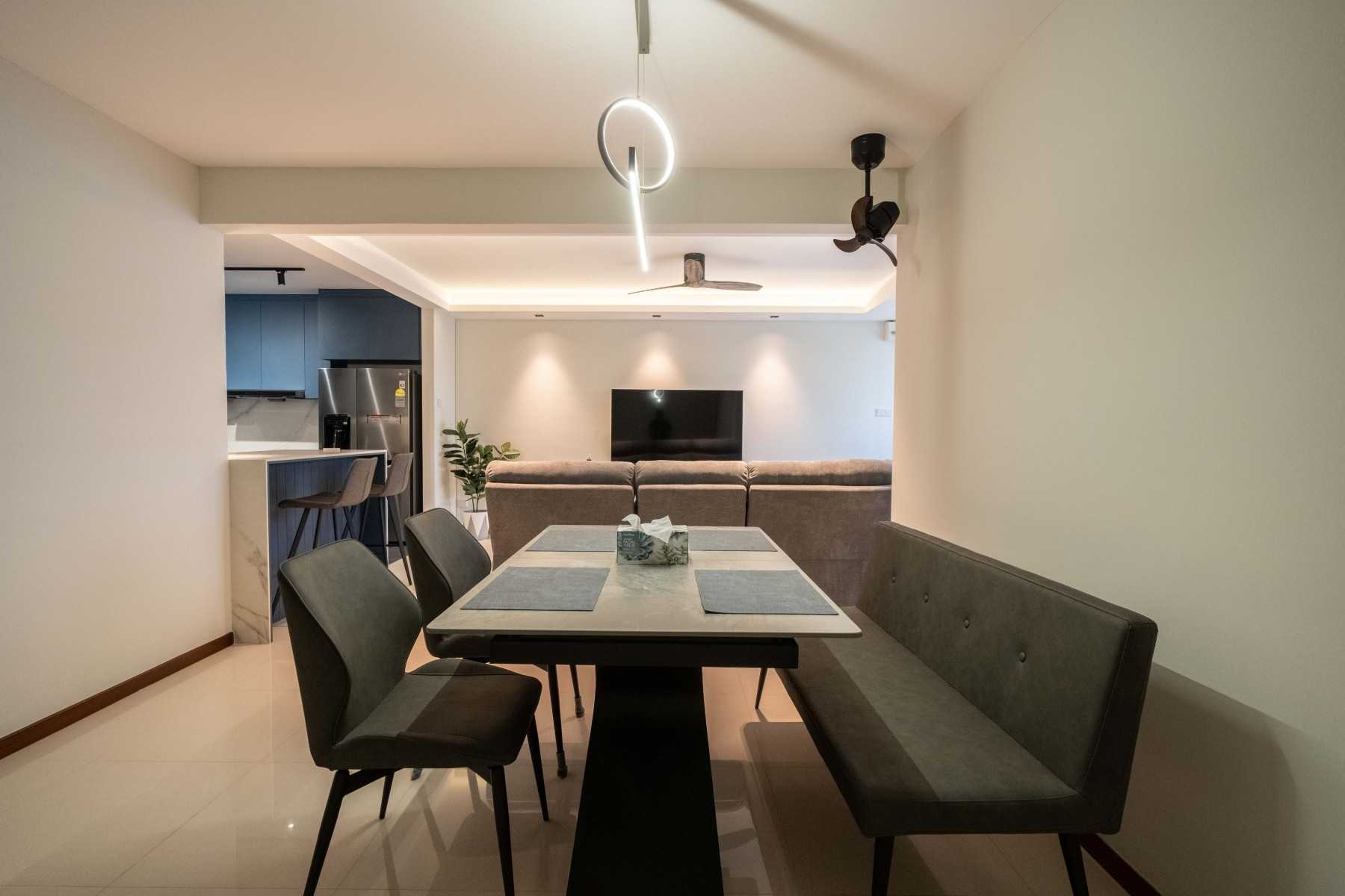Contemporary Dining Room with Cove Lighting and Drop Ceiling