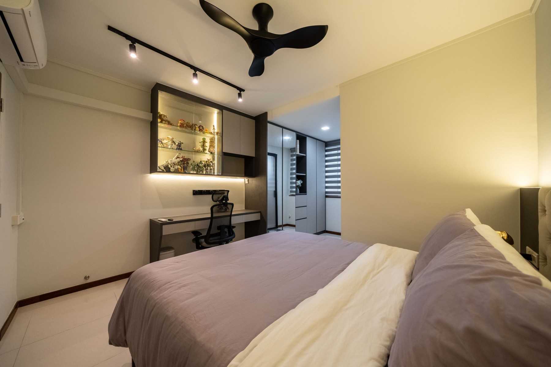 Contemporary Bedroom with Homogeneous Tiles and Ceiling Light