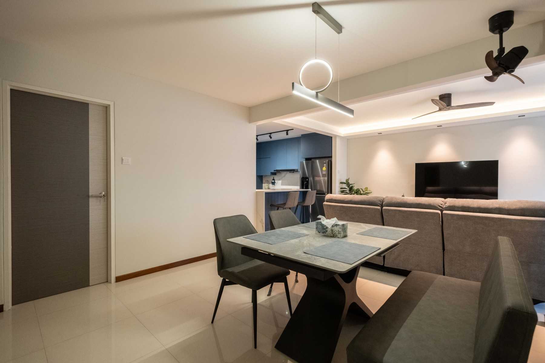 Contemporary Dining Room with Drop Light and Cove Lighting