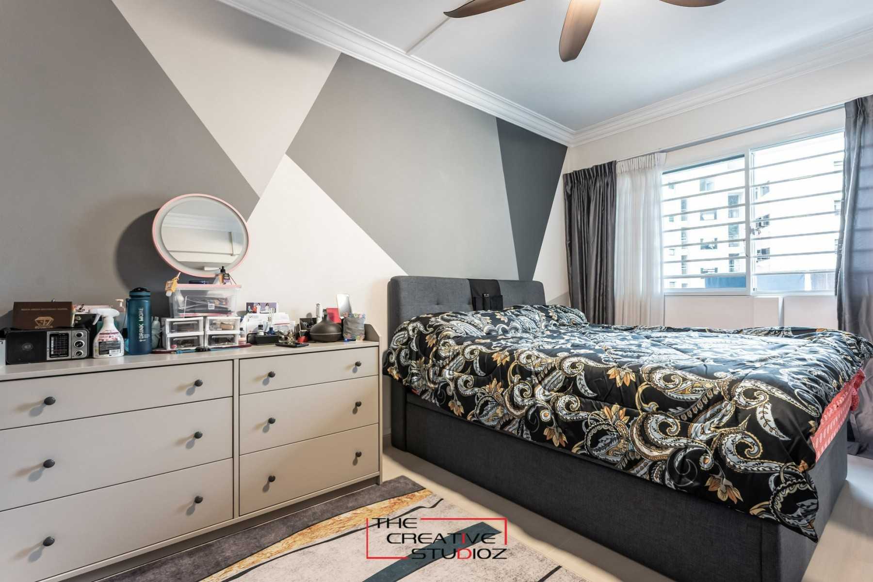 Modern Bedroom with Homogeneous Tiles and Bedside Table
