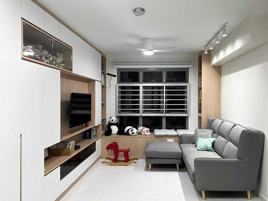 Scandinavian Living Room with TV Console and Window Seat