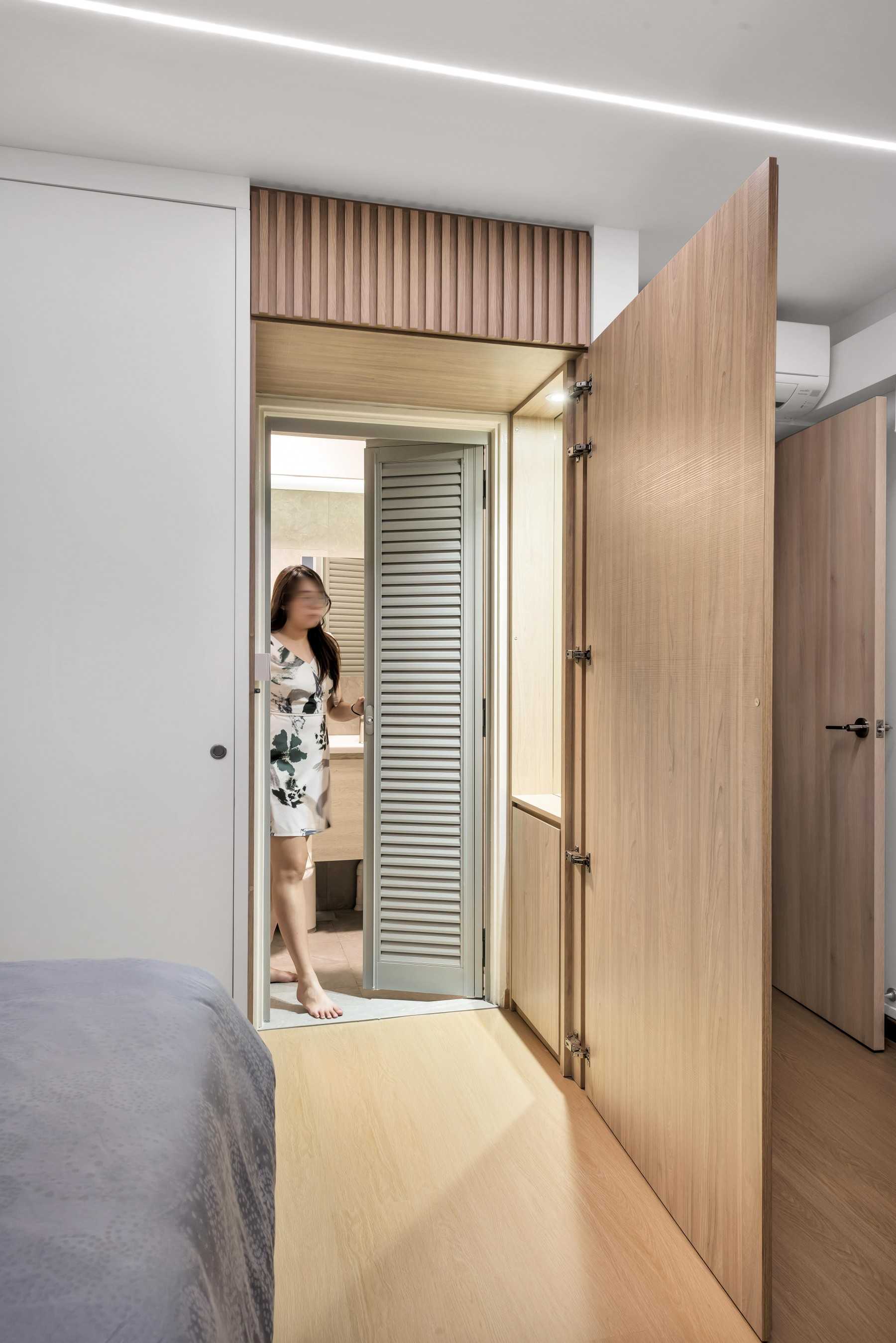 Minimalist Bedroom with Feature Wall and Wood Feature Wall