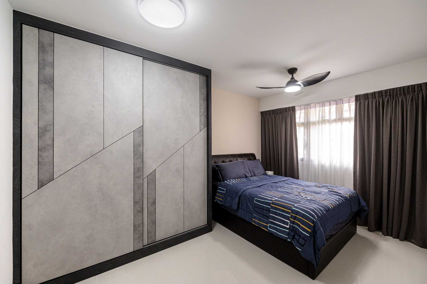 Industrial Bedroom with Homogeneous Tiles and Wardrobe
