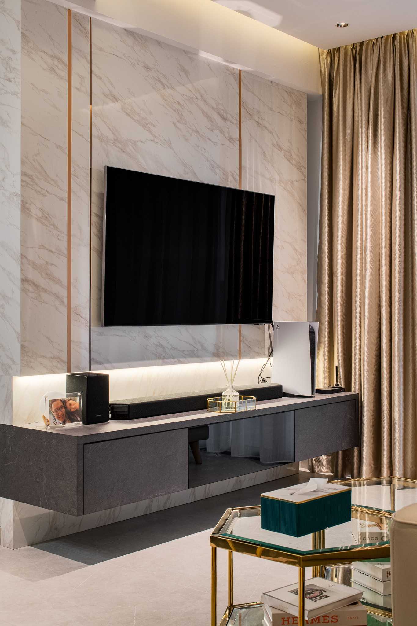 Contemporary Living Room with TV Console and Feature Wall