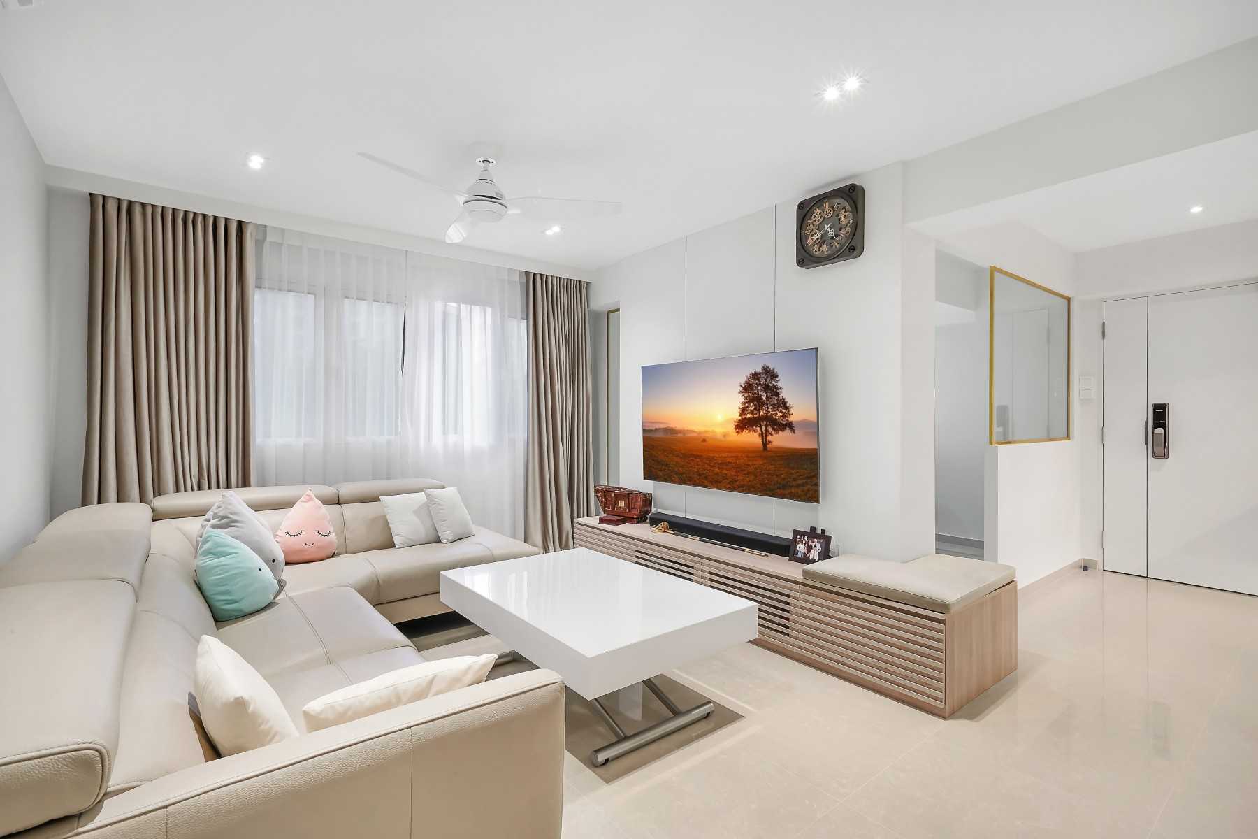Contemporary Living Room with Marble Floor and TV Console