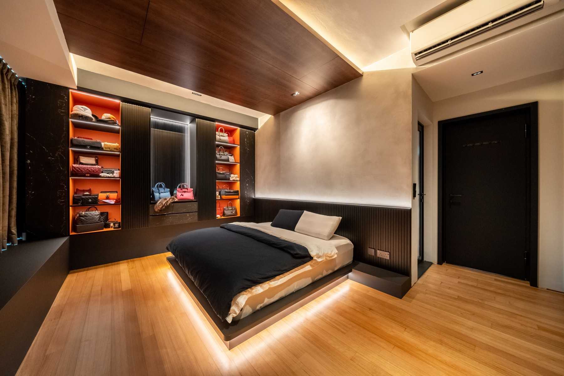 Modern Bedroom with Bookshelf and Platform Bed