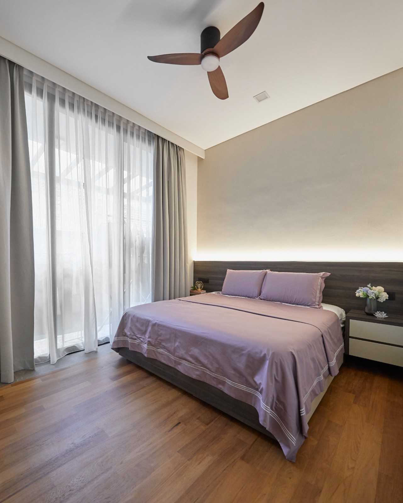 Modern Bedroom with Window Grille and Bedside Table