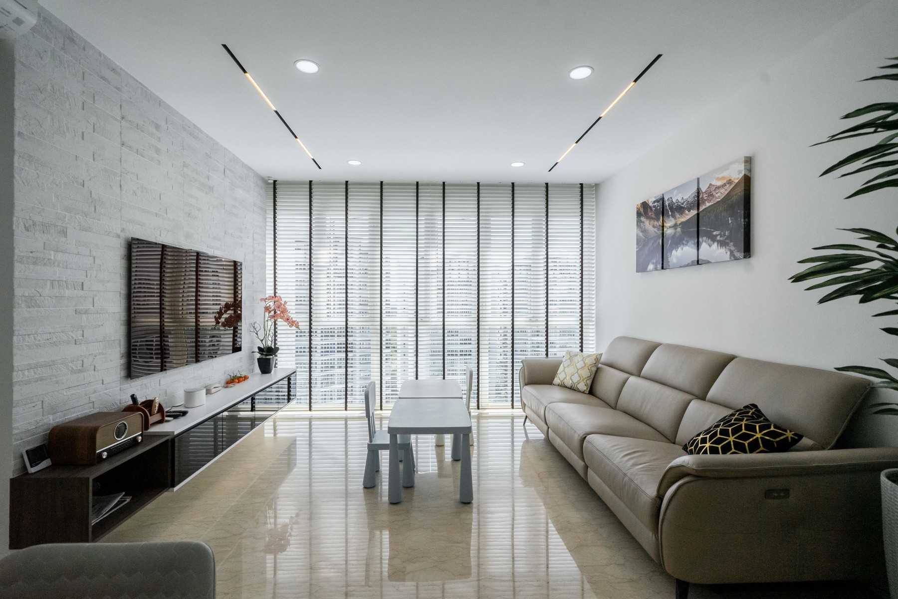 Contemporary Living Room with Homogeneous Tiles and TV Console