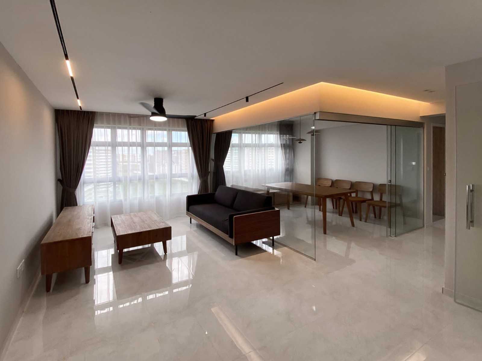 Scandinavian Living Room with TV Console and Glass Door