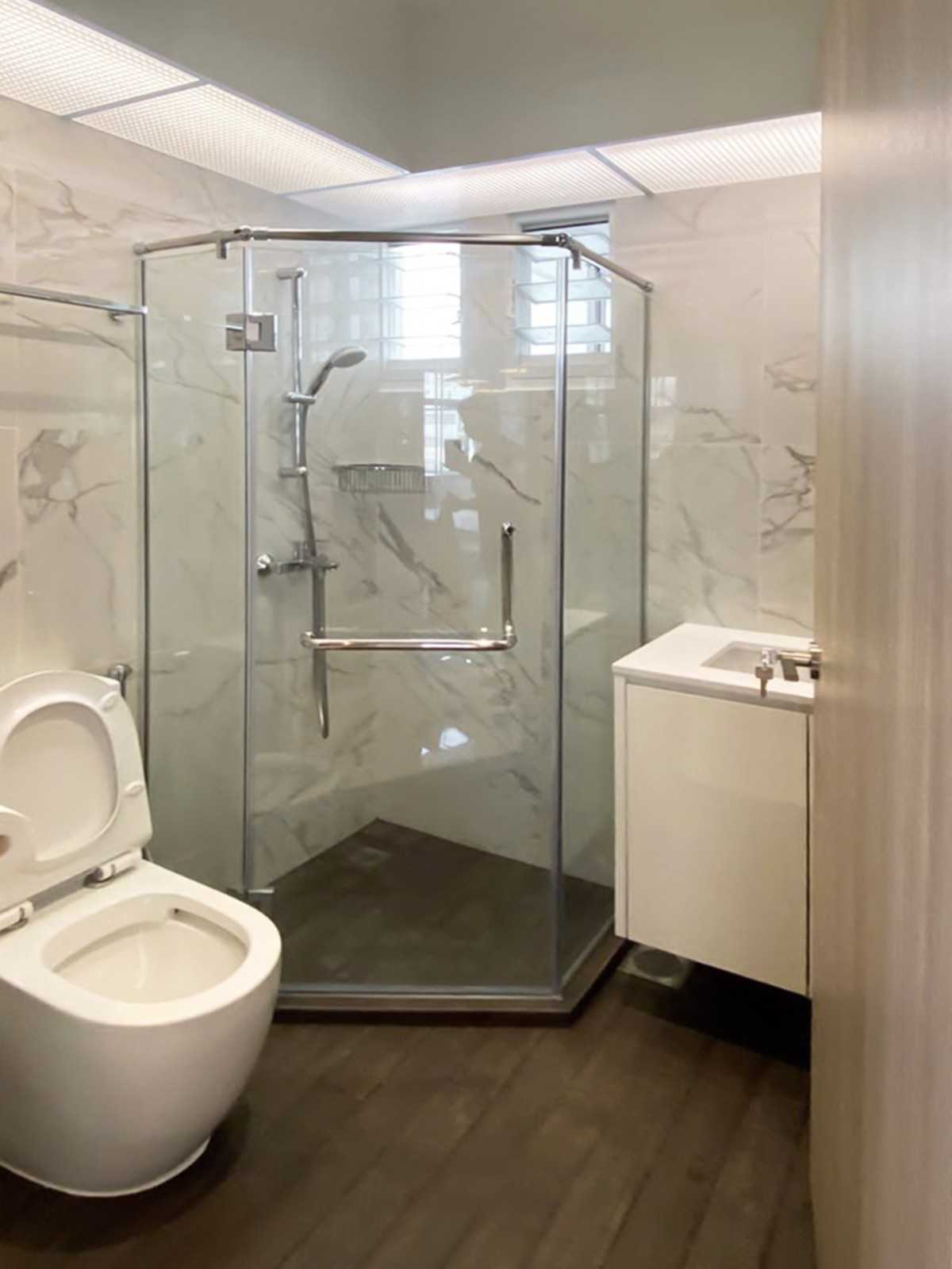 Scandinavian Bathroom with Shower Screen and Bathroom Storage