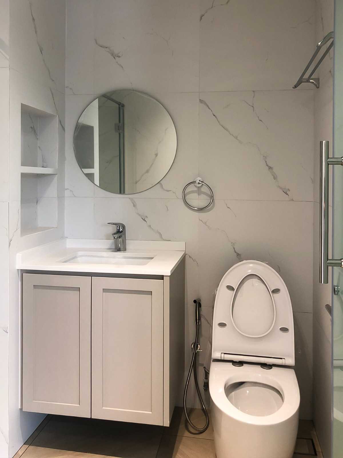 Scandinavian Bathroom with Feature Wall and Bathroom Storage