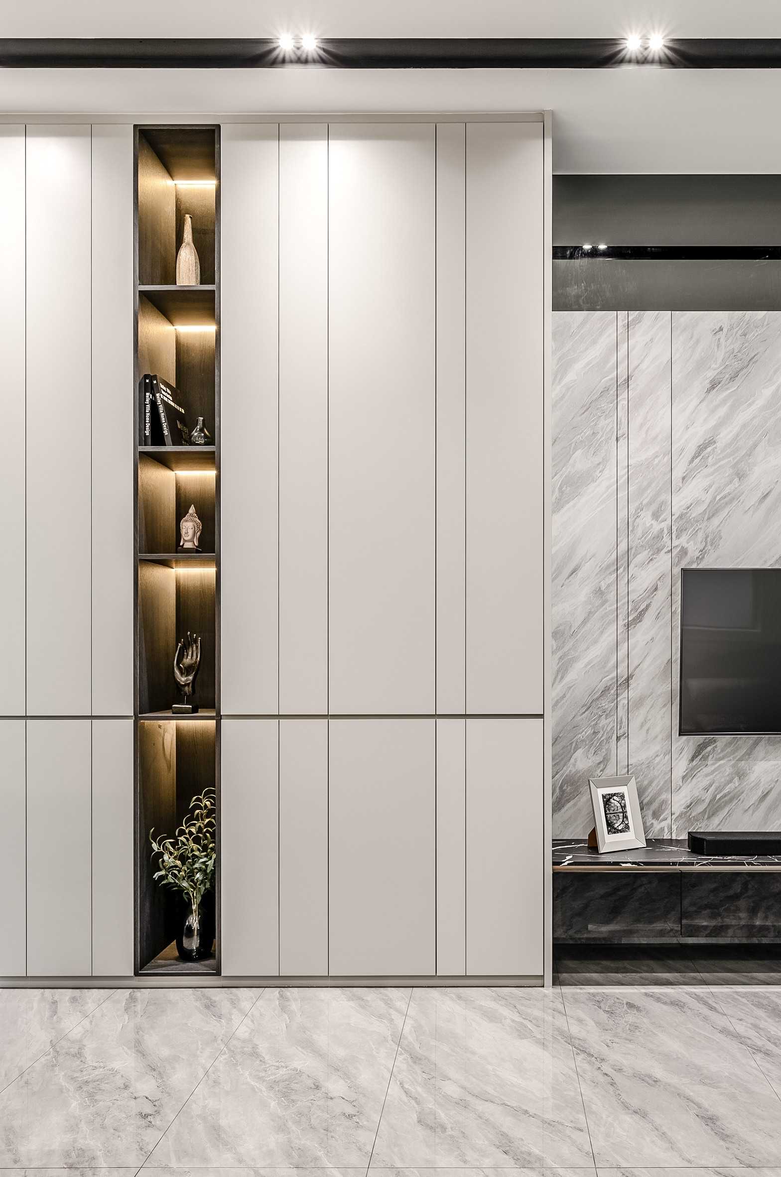 Contemporary Living Room with Paintings and Display Cabinets