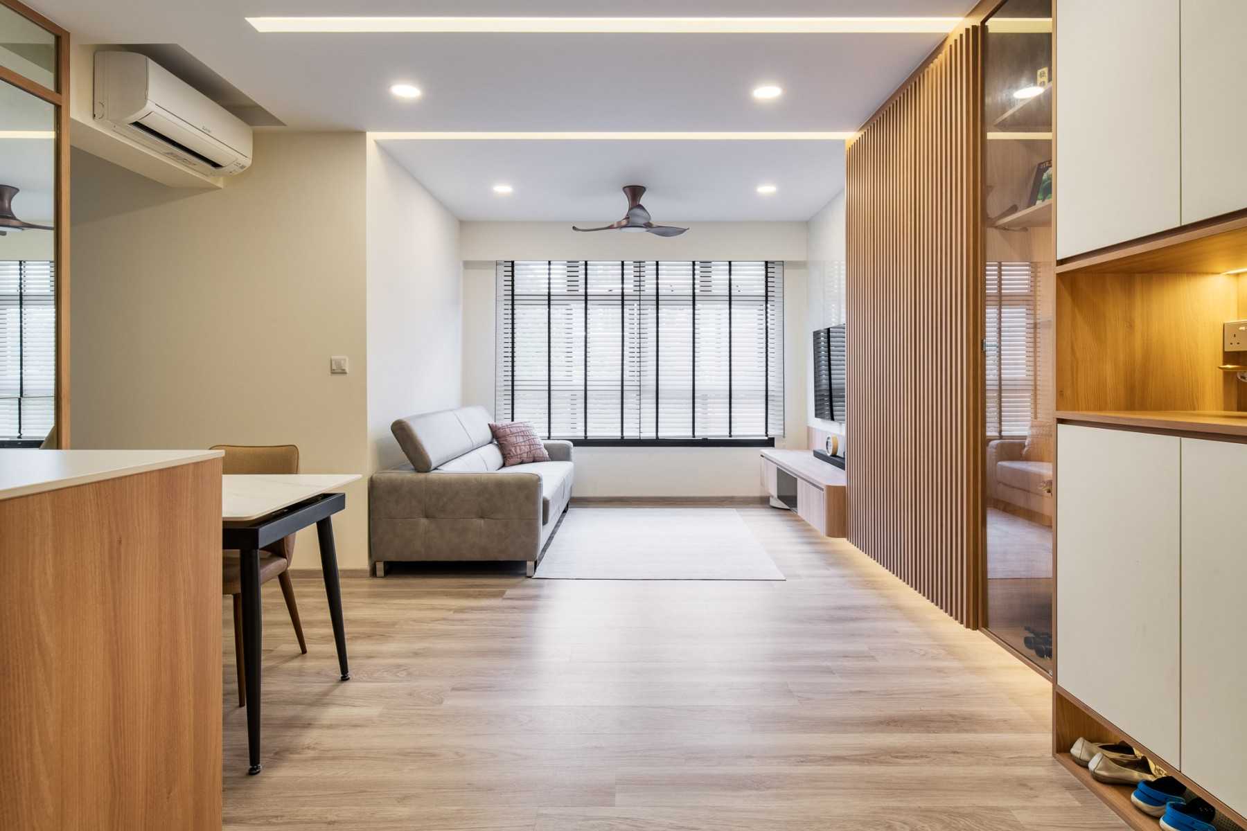 Scandinavian Living Room with Vinyl Flooring and TV Console