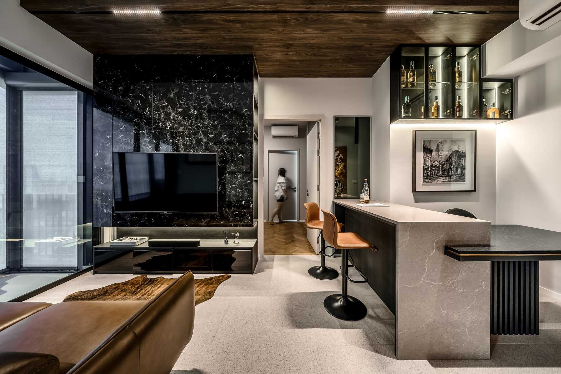Modern Living Room with Feature Wall and Bar Counter