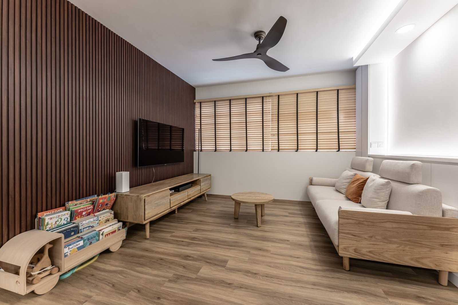 Scandinavian Living Room with Vinyl Flooring and Feature Wall