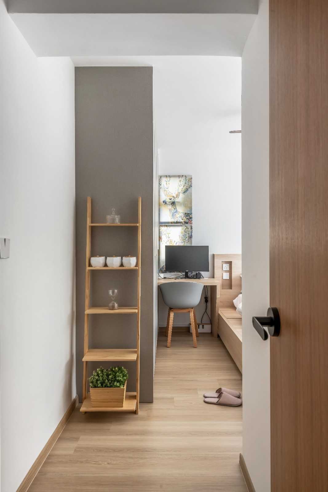 Scandinavian Bedroom with Homogeneous Tiles and Herringbone Tiling