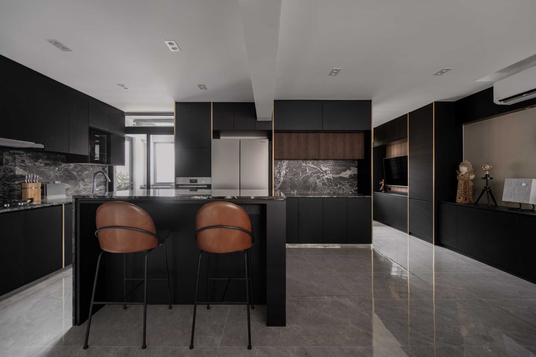 Modern Kitchen with Countertop and Marble Floor