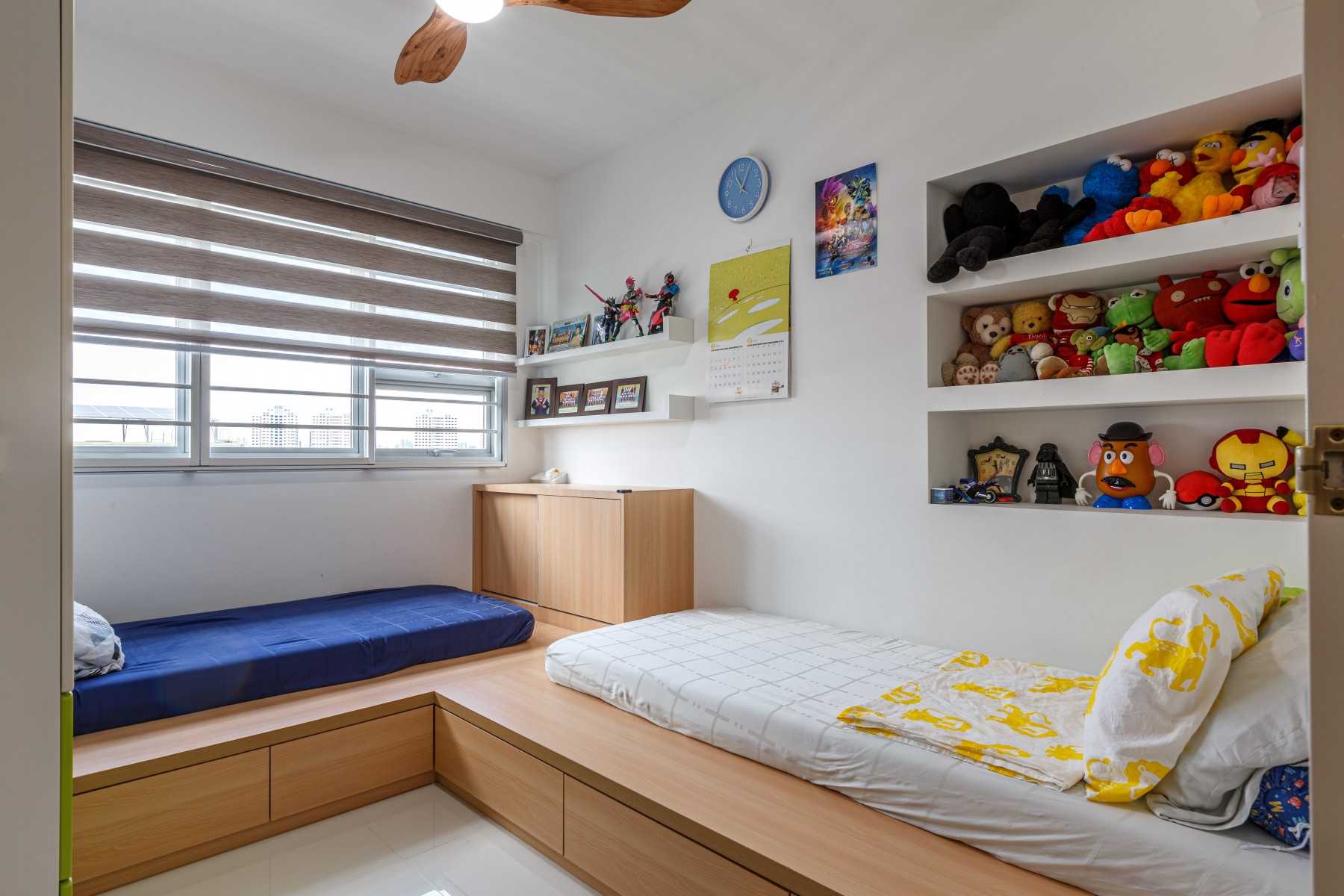 Scandinavian Bedroom with Platform Bed and Built-in Bed