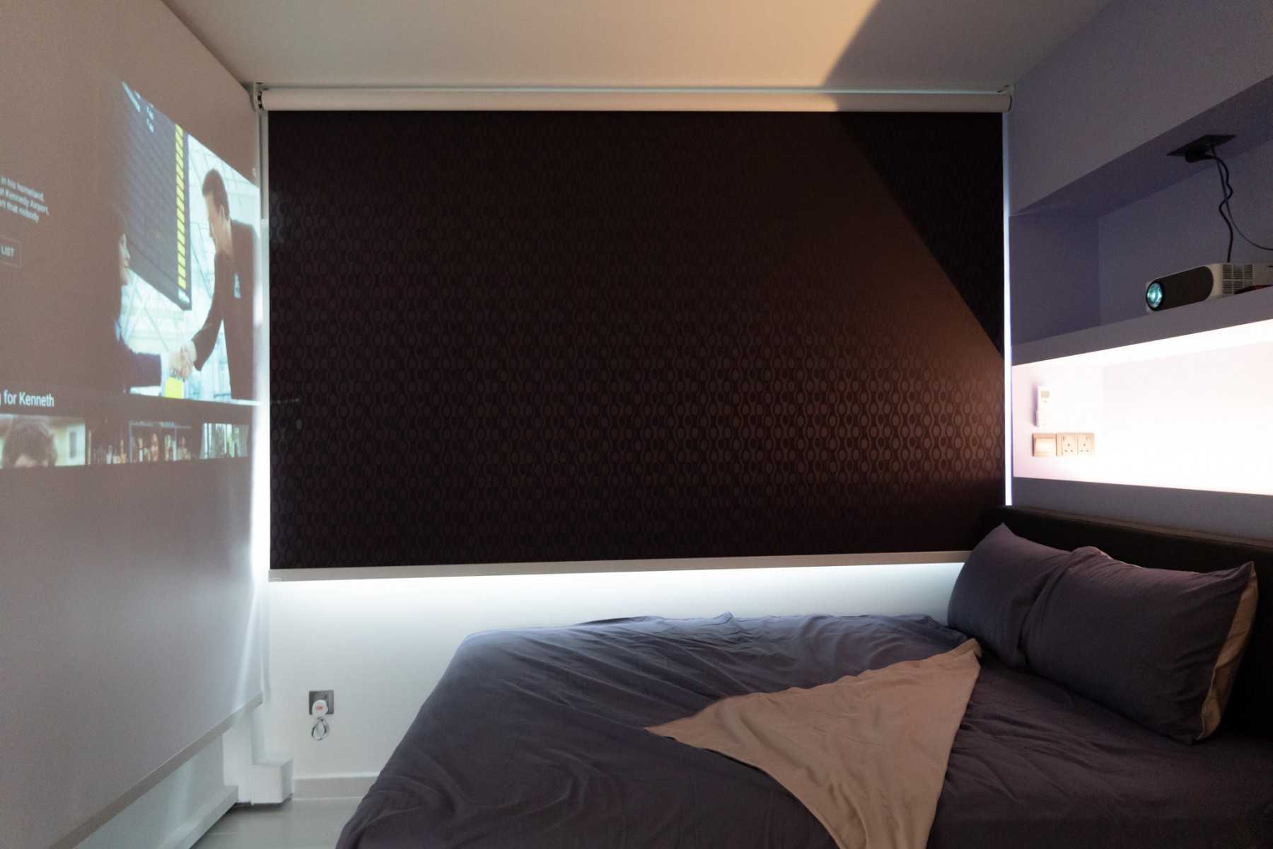 Scandinavian Bedroom with Roller Blinds and Projector