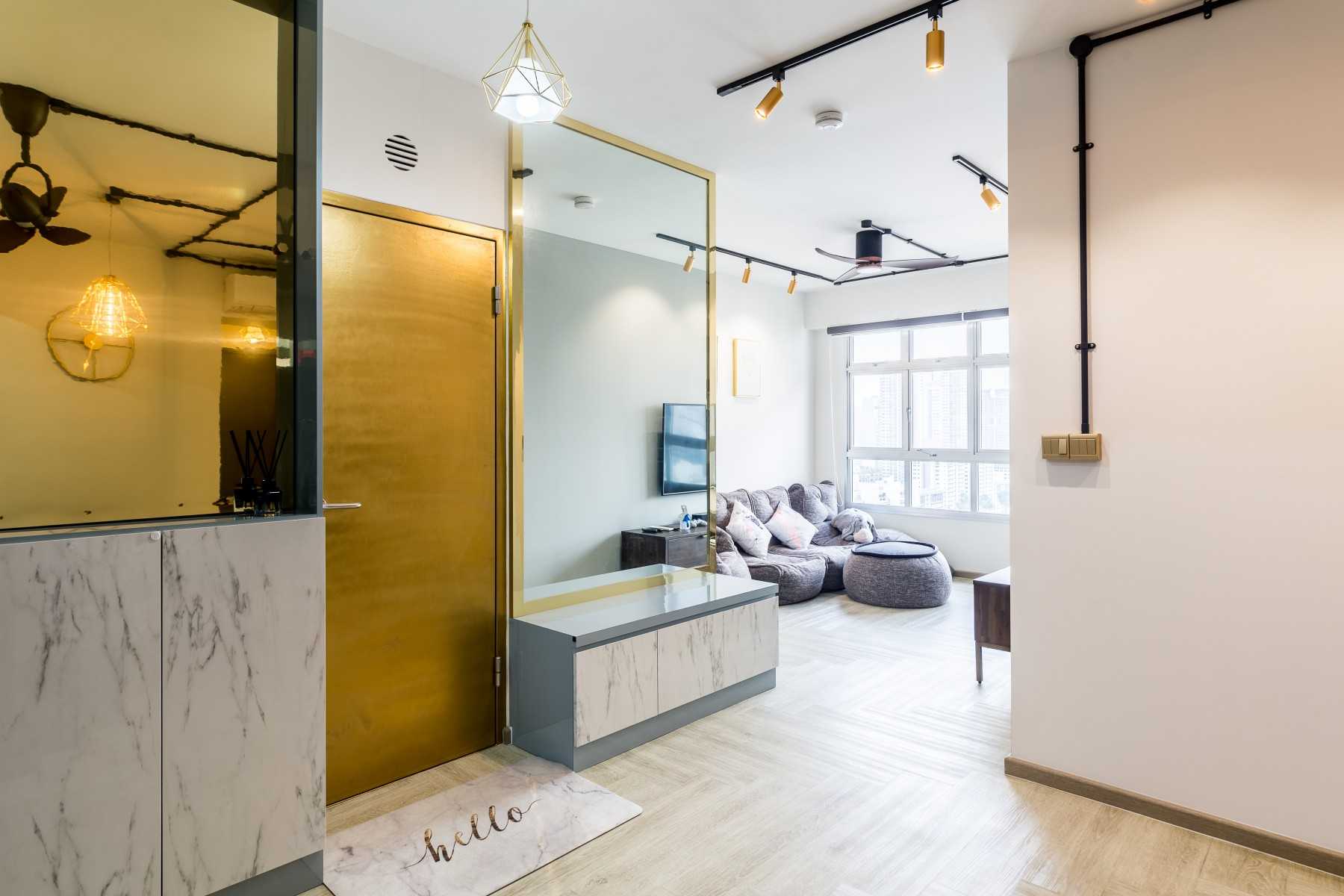 Contemporary Entryway with Mirror and Seating Bench