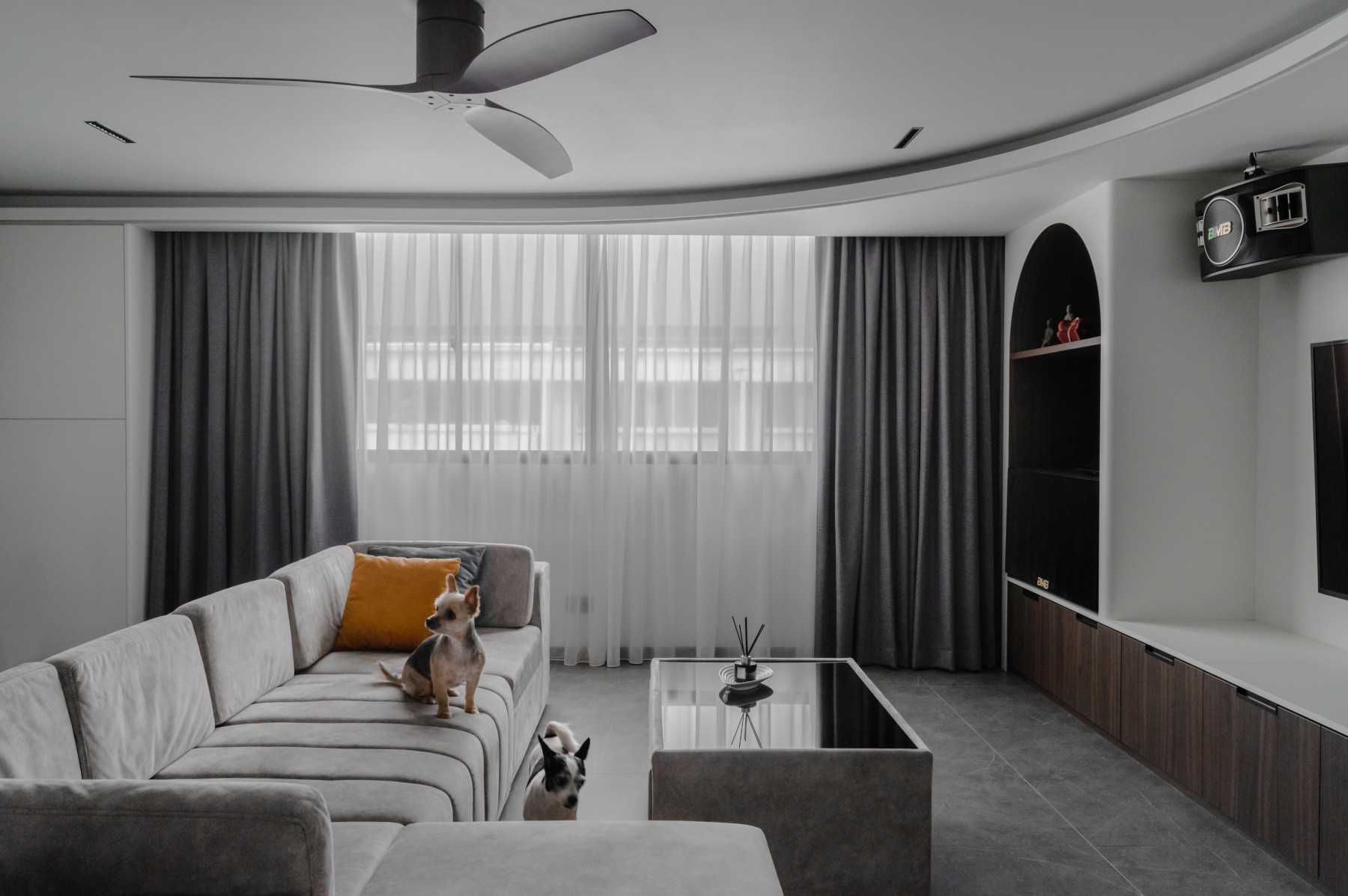 Contemporary Living Room with TV Console and Cove Lighting