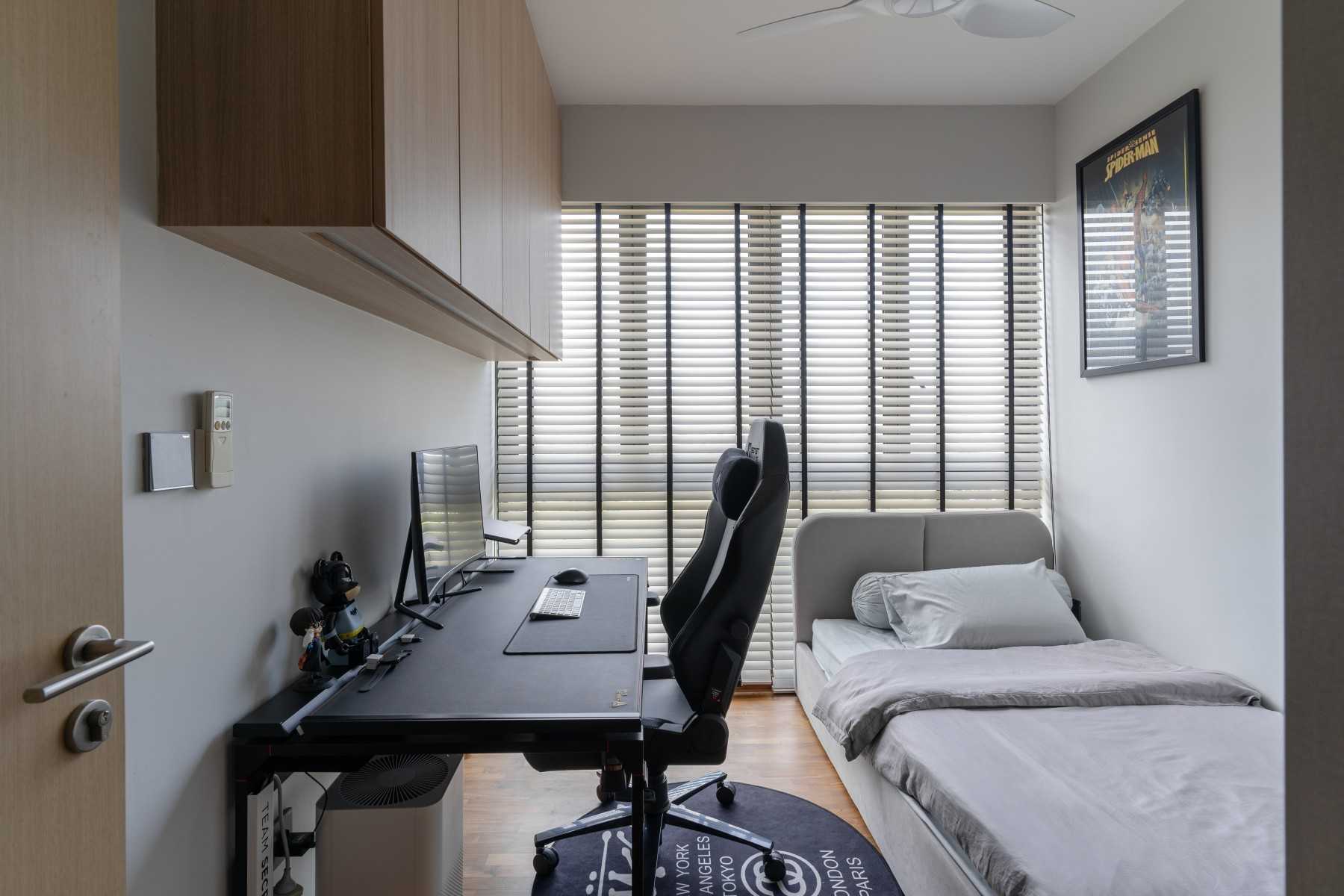 Scandinavian Bedroom with Storage Cabinets and Bed