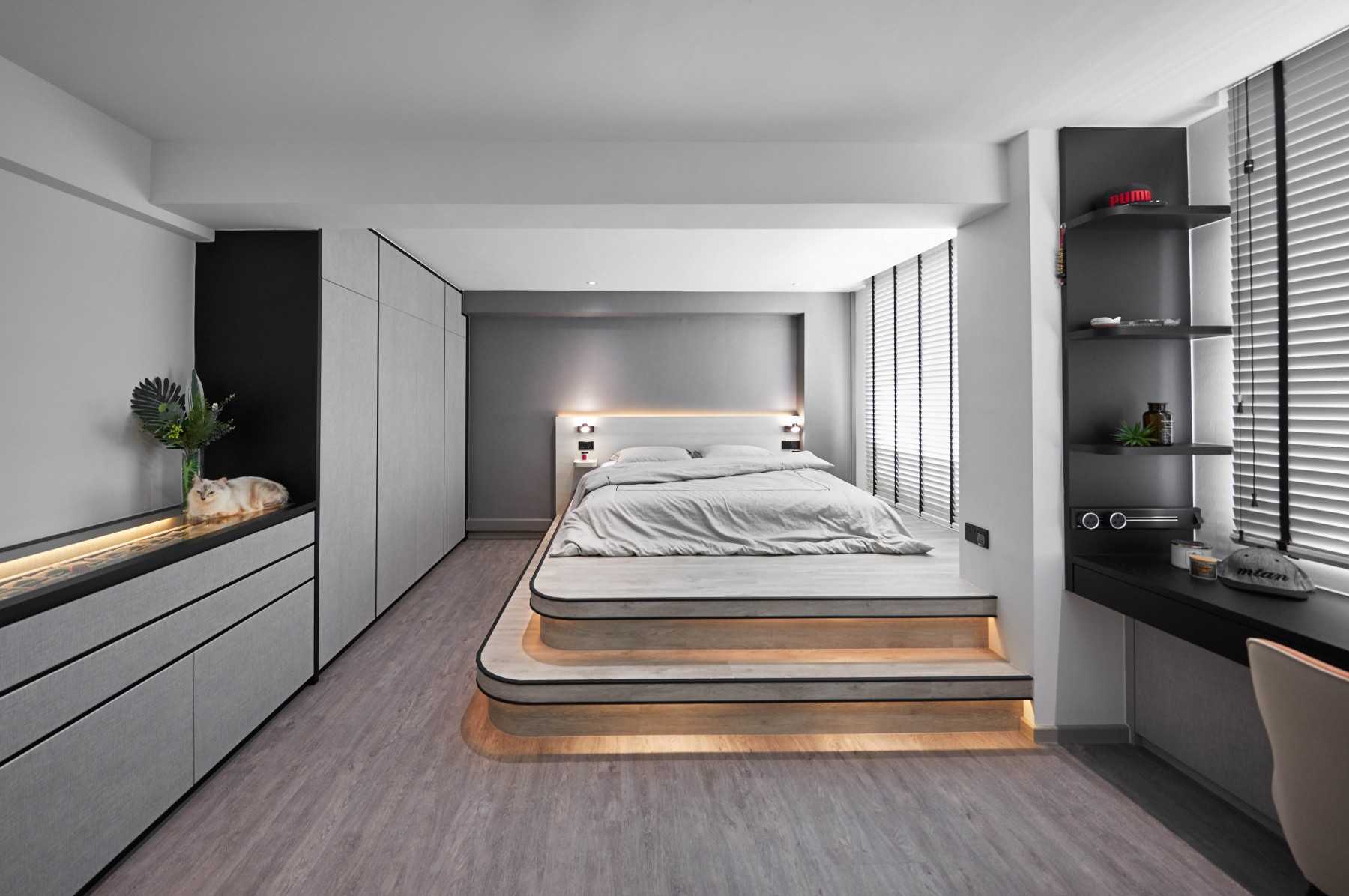 Contemporary Bedroom with Platform Bed and Wardrobe