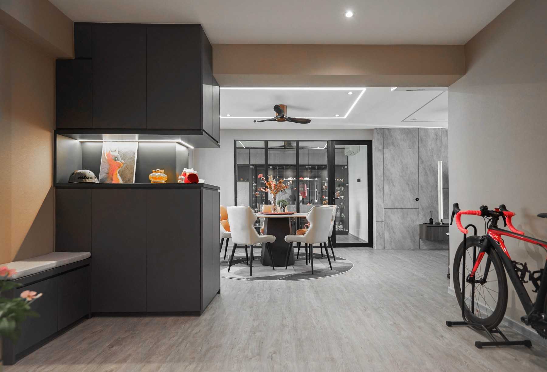Contemporary Living Room with Dining Chairs and Seating Bench