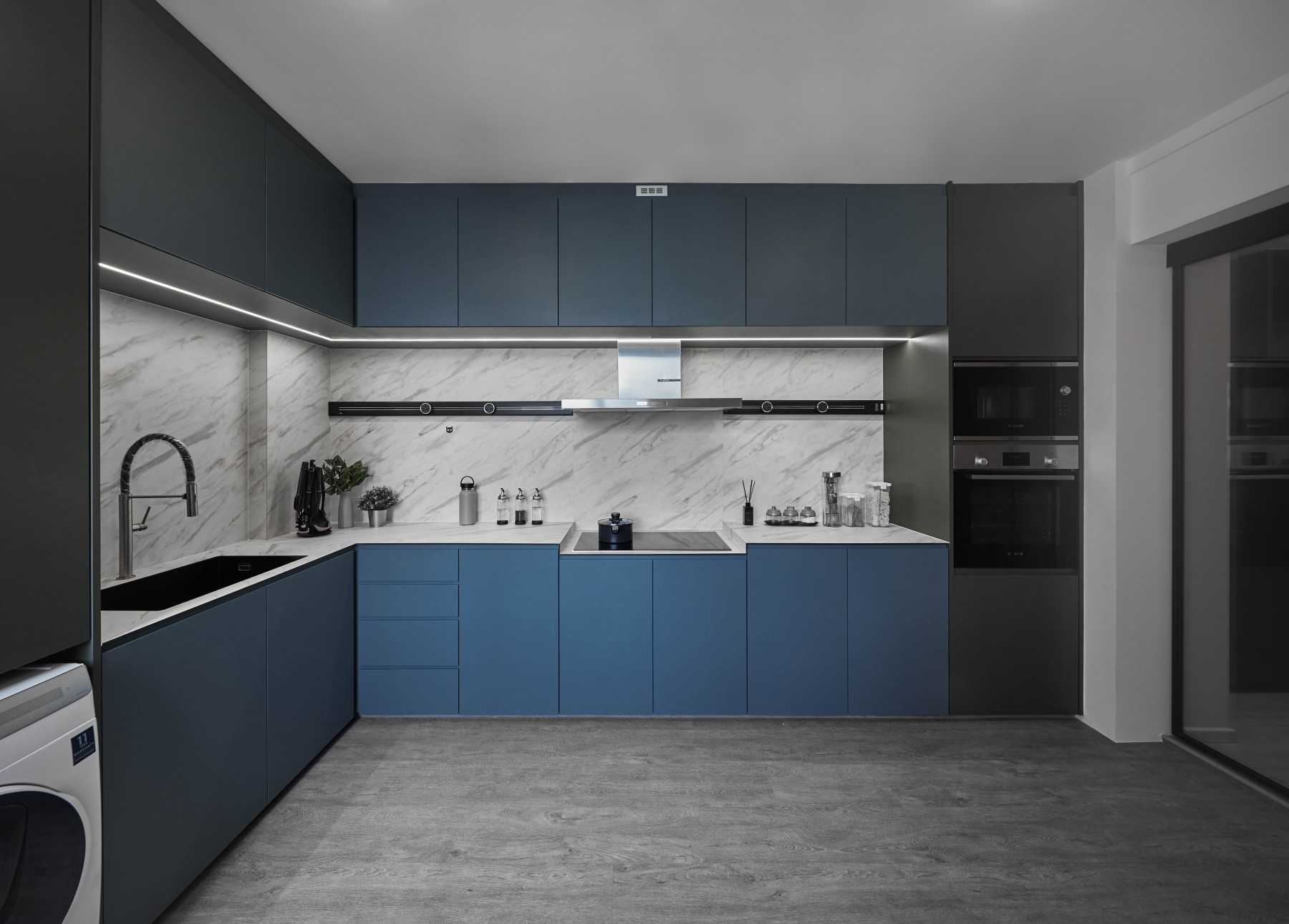 Contemporary Kitchen with Feature Wall and Storage Cabinets