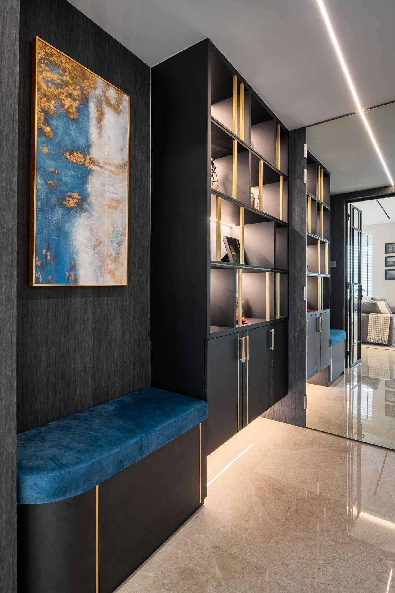 Modern Entryway with Mirror and Seating Bench