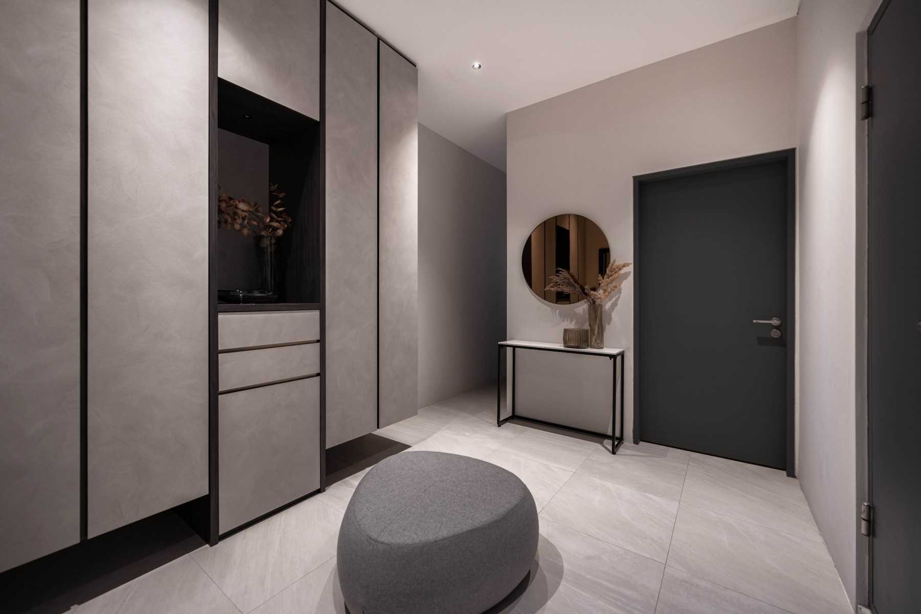 Contemporary Basement with Wall Shelves and Shelving Units