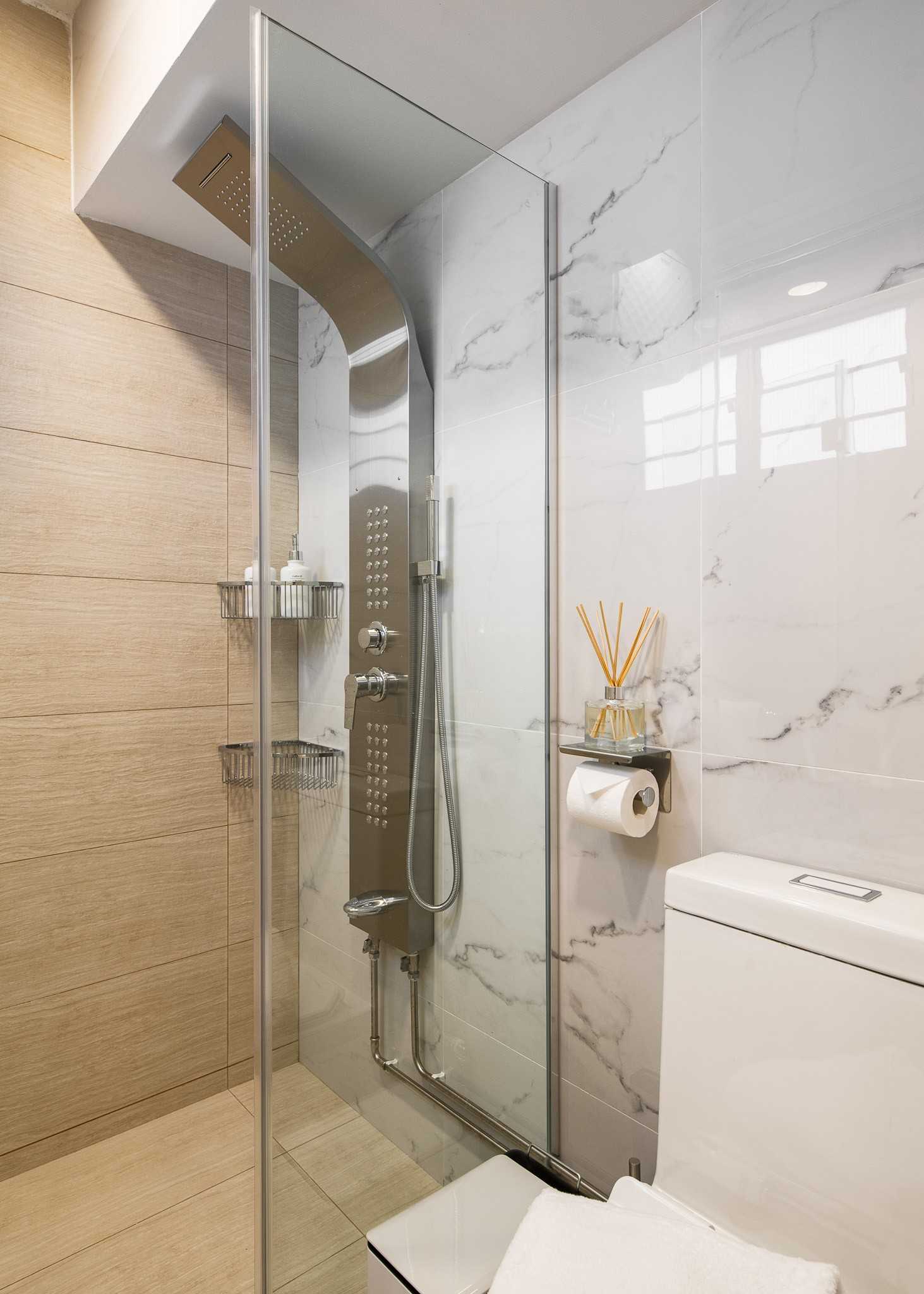 Scandinavian Bathroom with Mirror and Rainshower