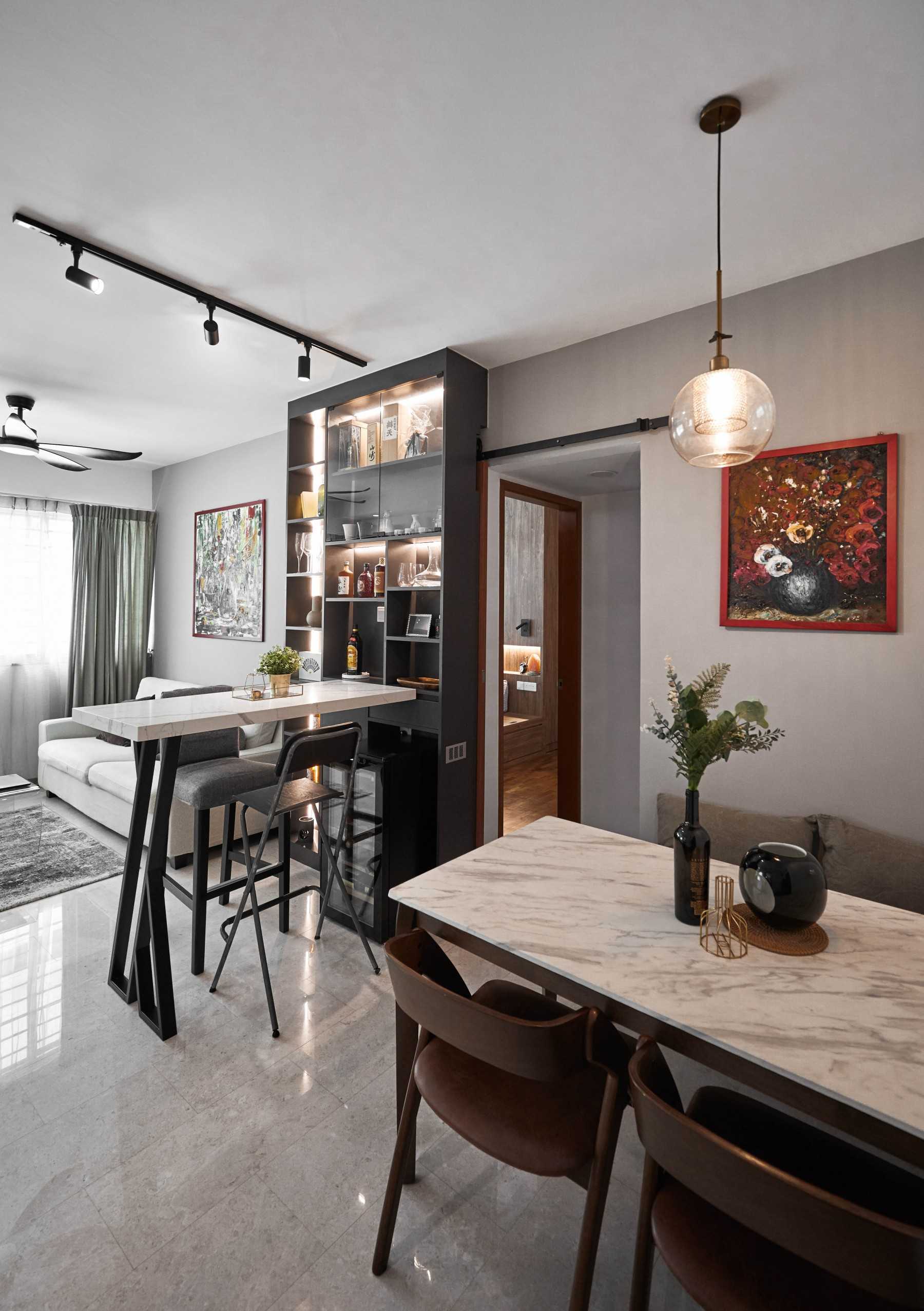 Contemporary Living Room with Dining Table and Dining Chairs