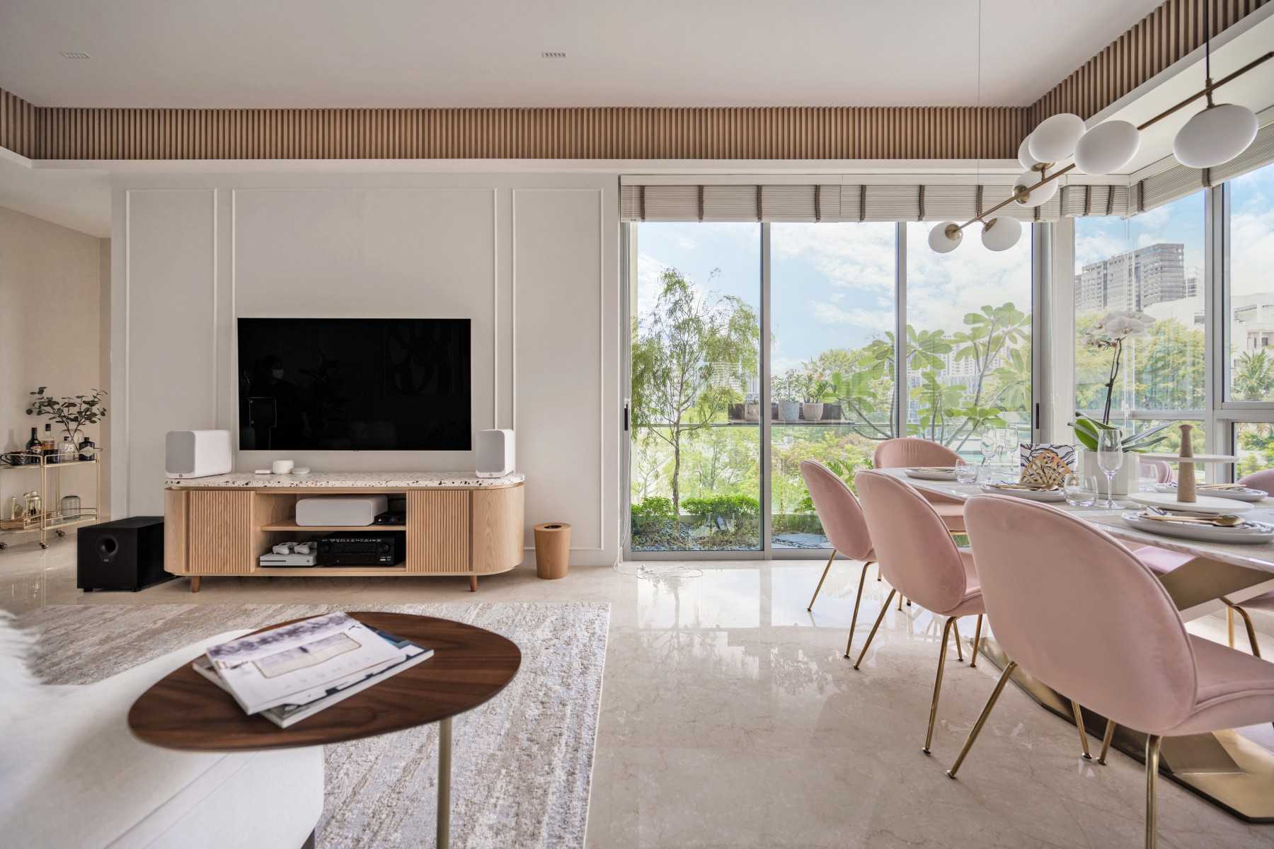 Modern Living Room with TV Console and Ceiling Light