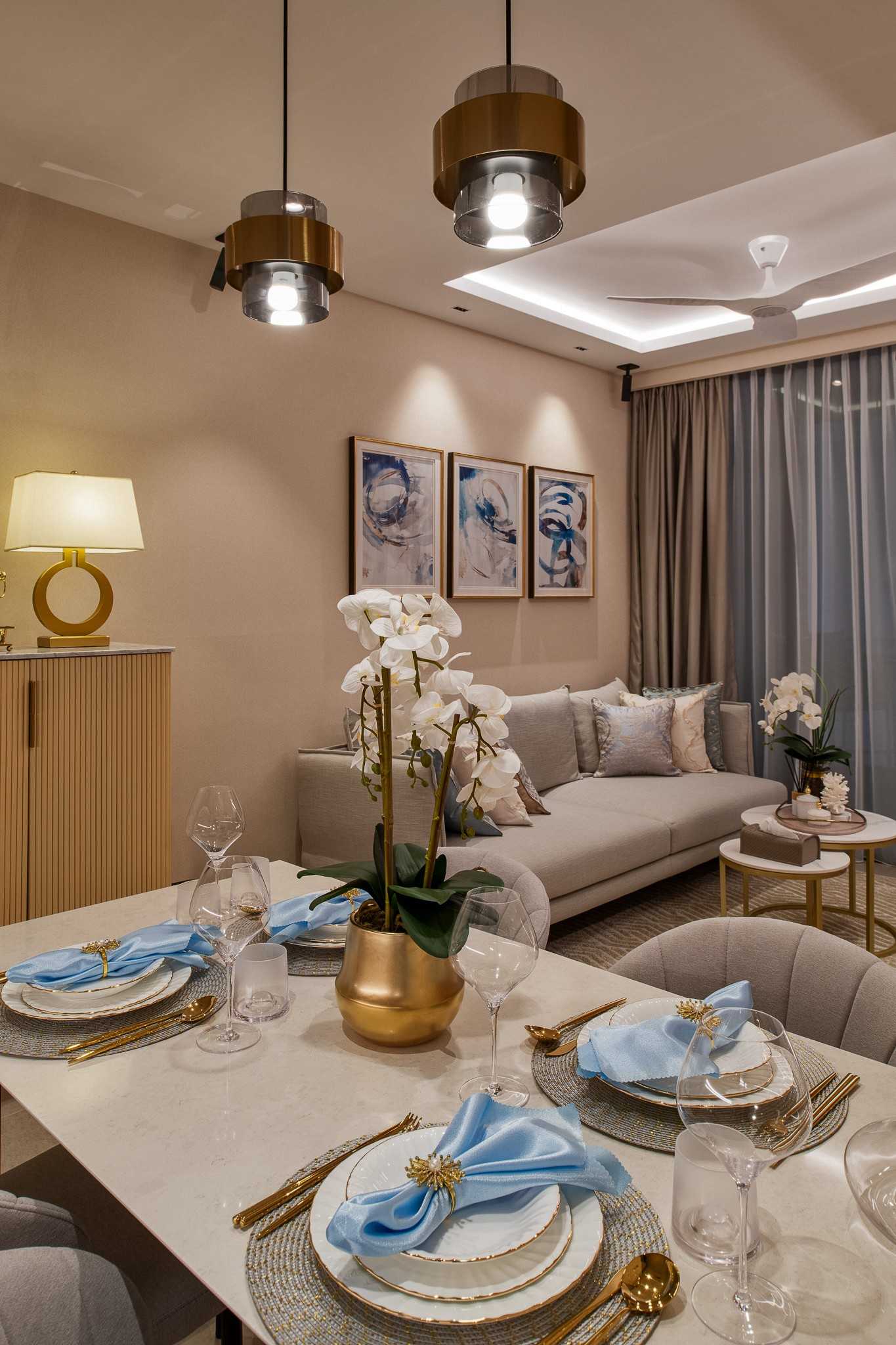 Modern Dining Room with Dining Table and Tableware