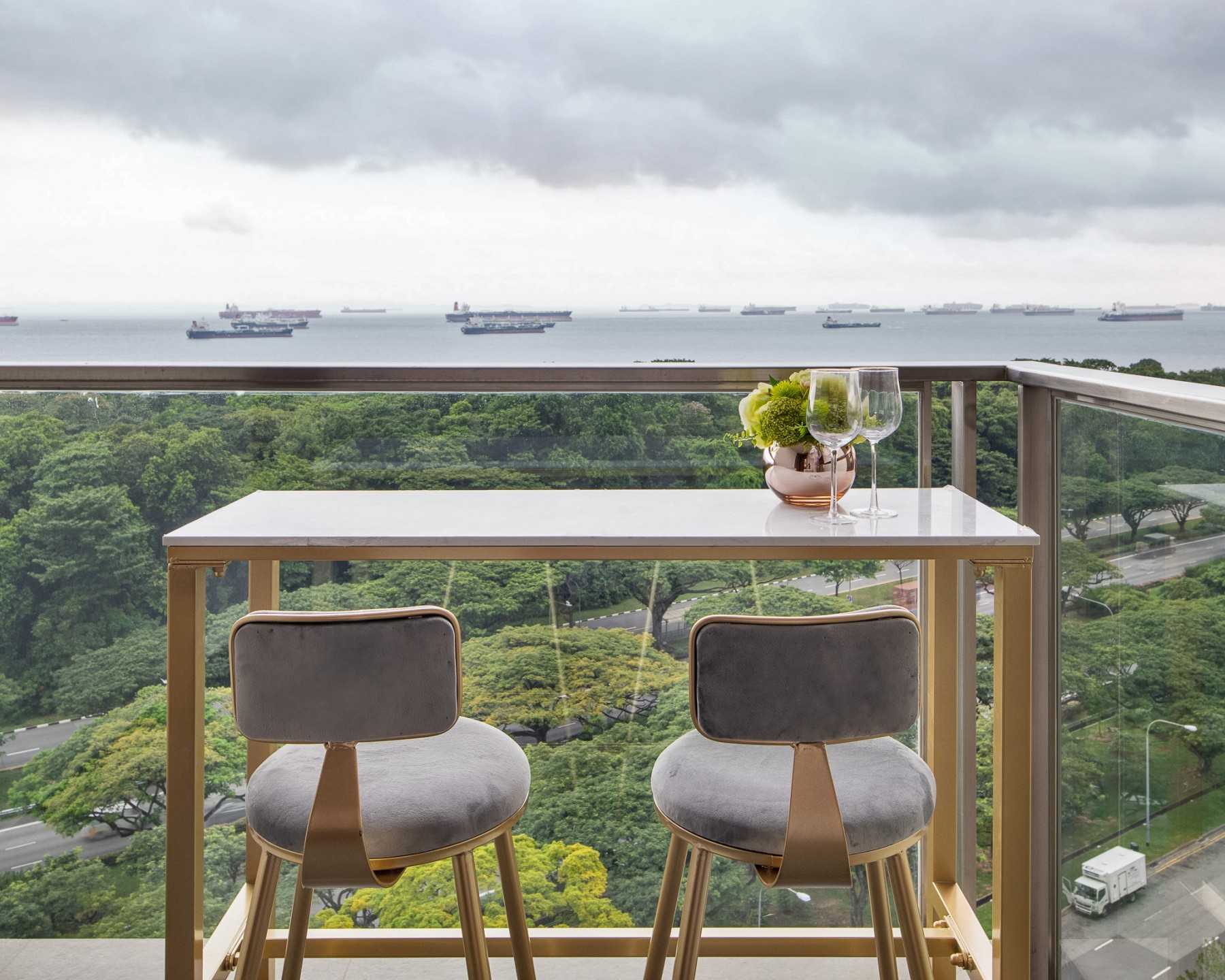 Modern Balcony with Window Seat and Curtain