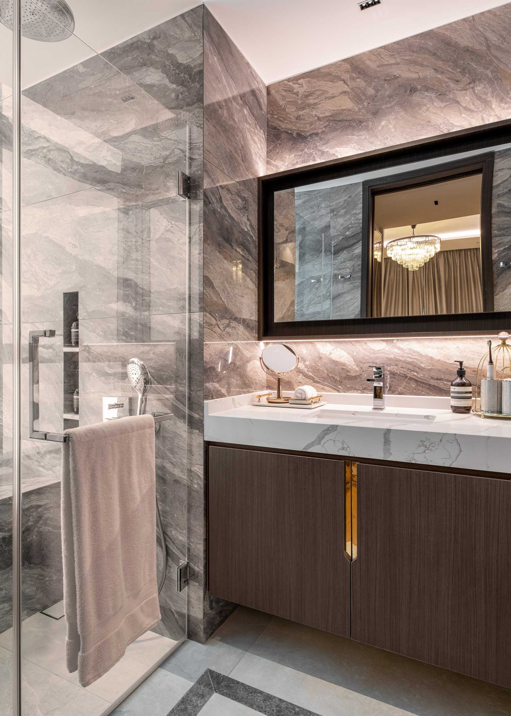 Asian Bathroom with Mirror and Bathroom Storage