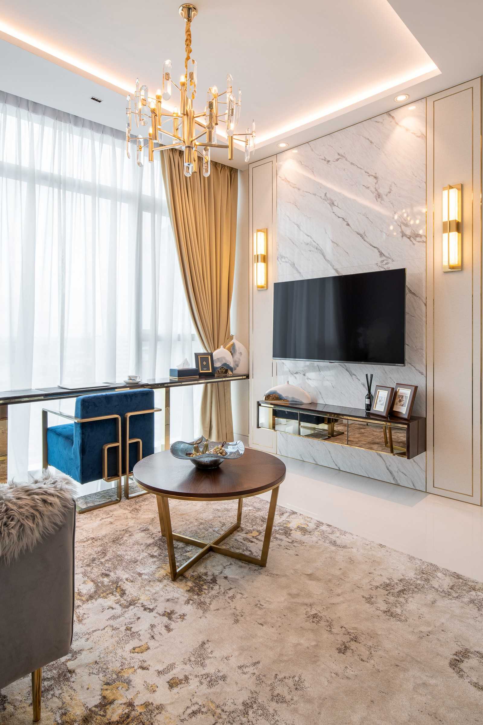 Asian Living Room with TV Console and Cove Lighting