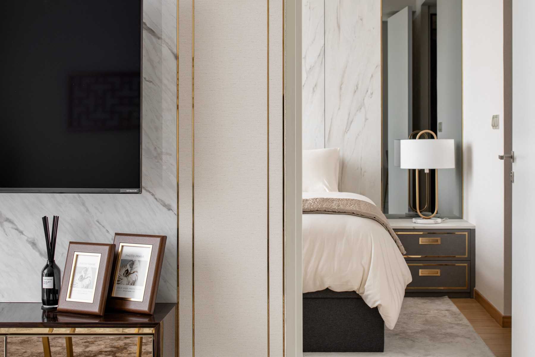 Asian Living Room with TV Console and Mirror