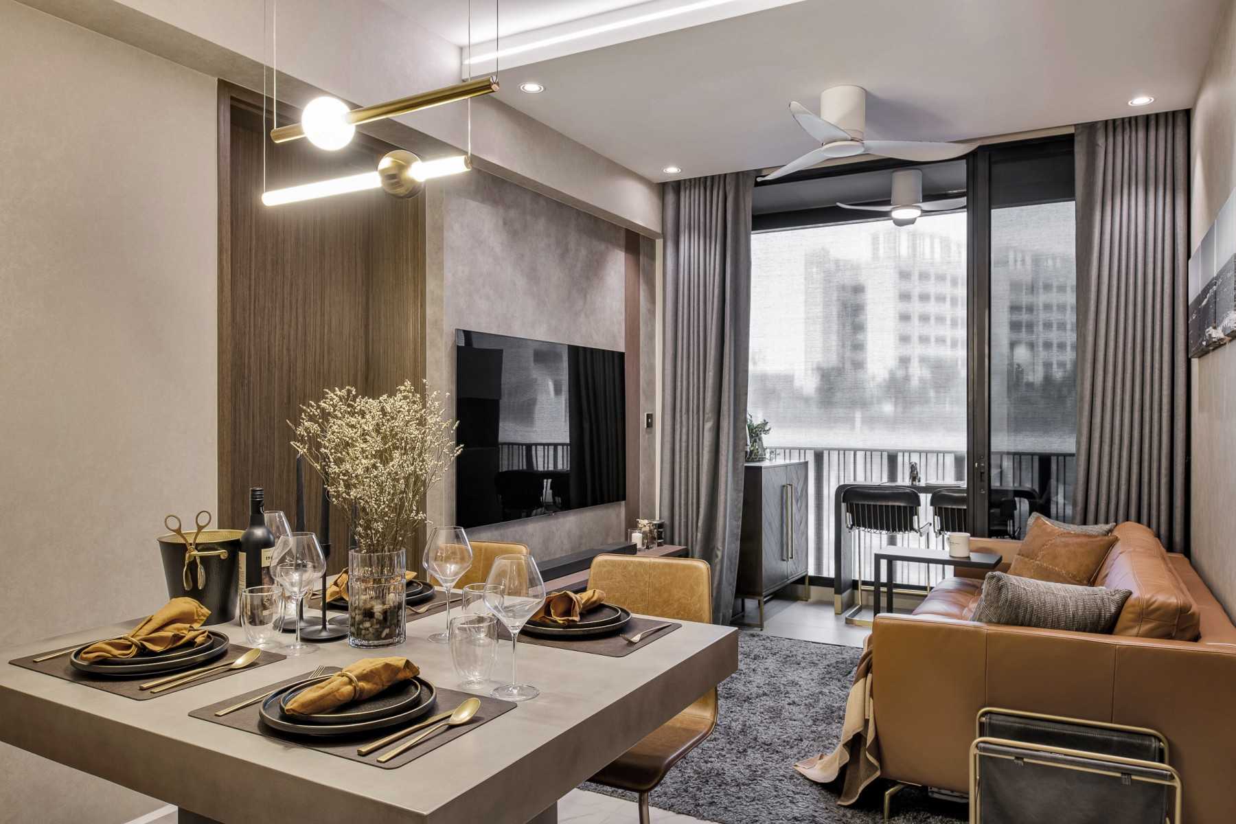 Modern Living Room with TV Console and Cove Lighting