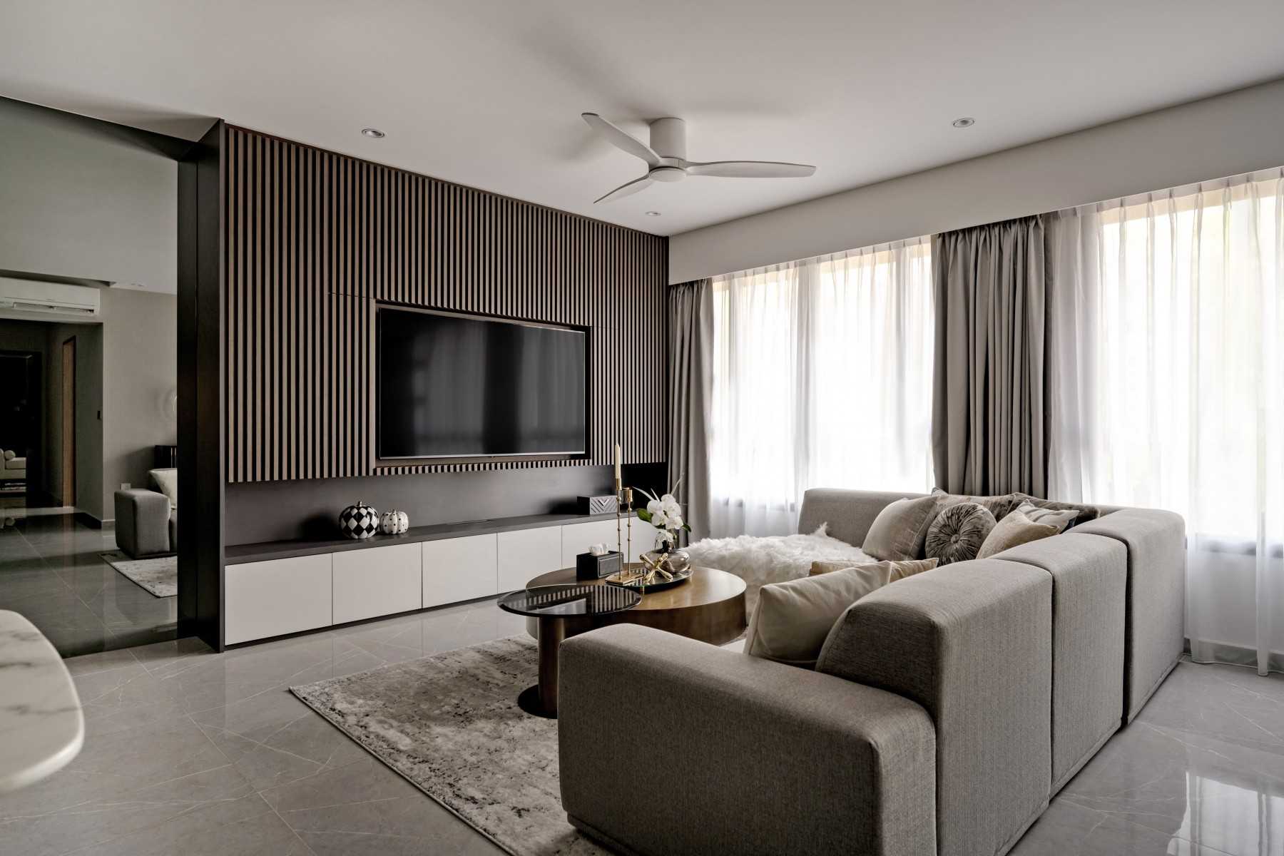 Contemporary Living Room with Feature Wall and Mirror