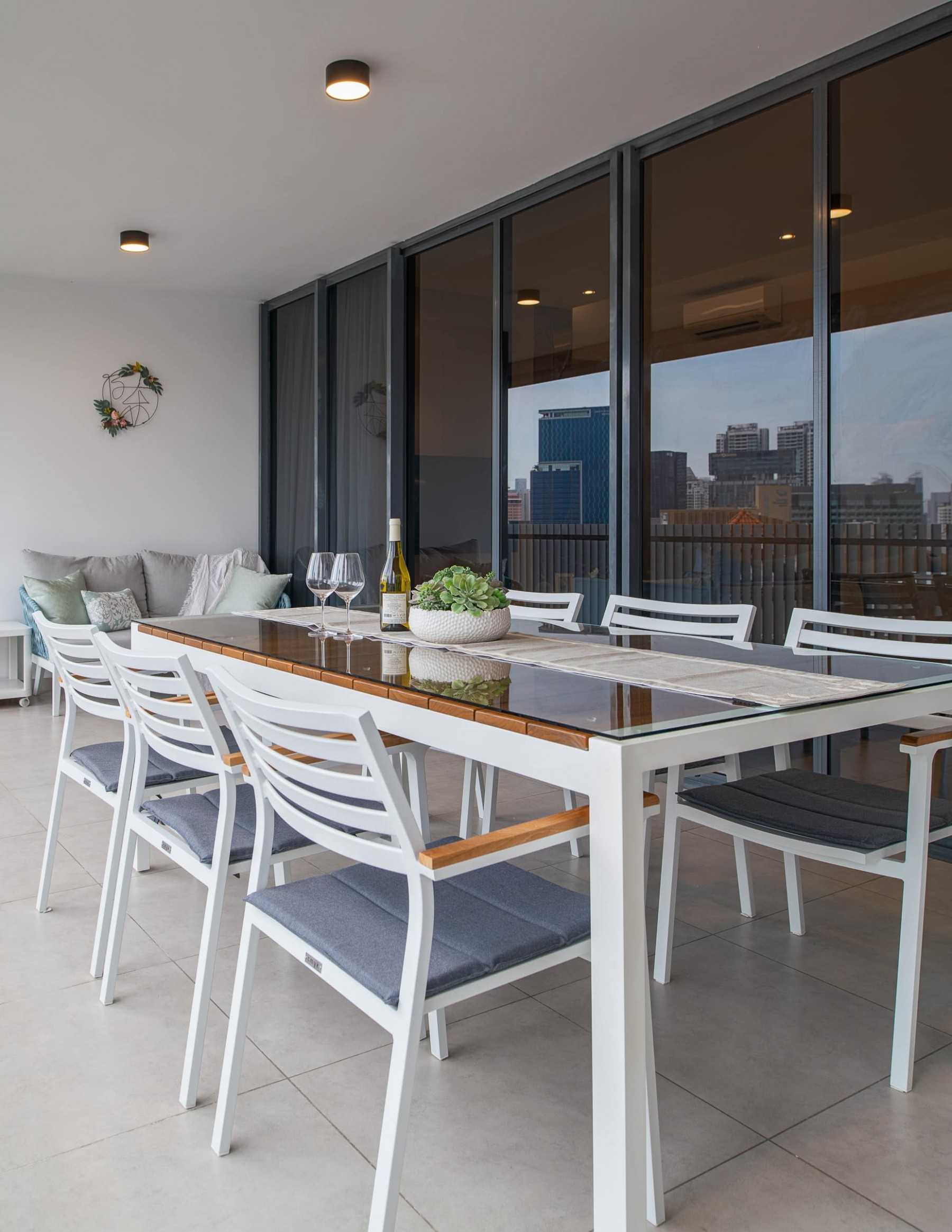 Modern Balcony with Curtain and Outdoor Table