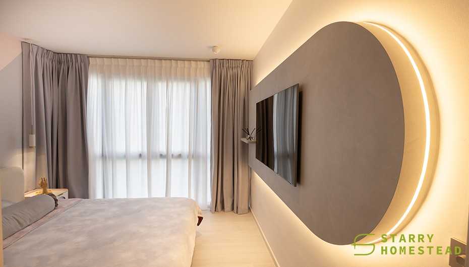 Scandinavian Bedroom with Ceiling Light and Flooring