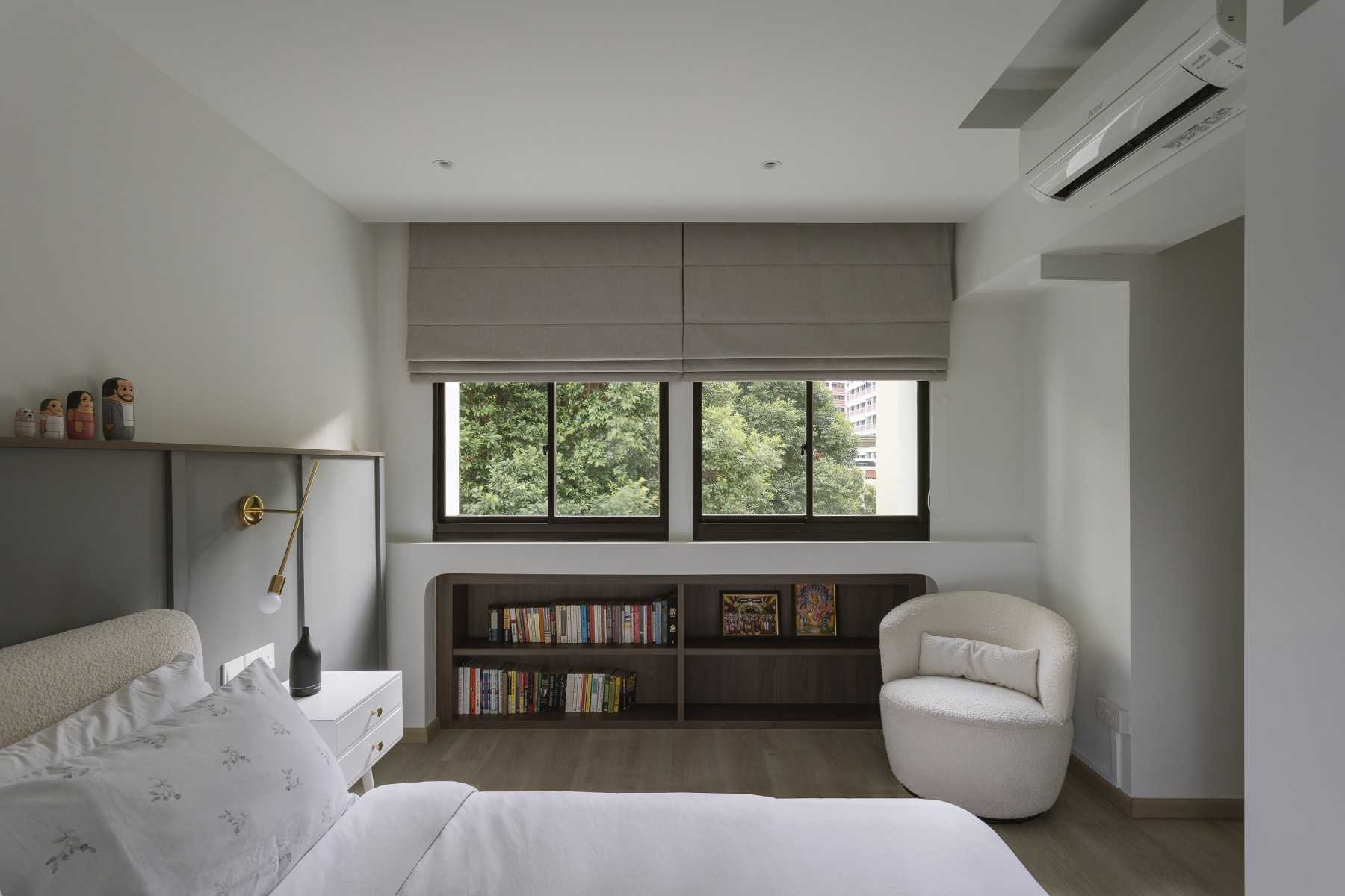 Modern Bedroom with Curtain and Bedside Table