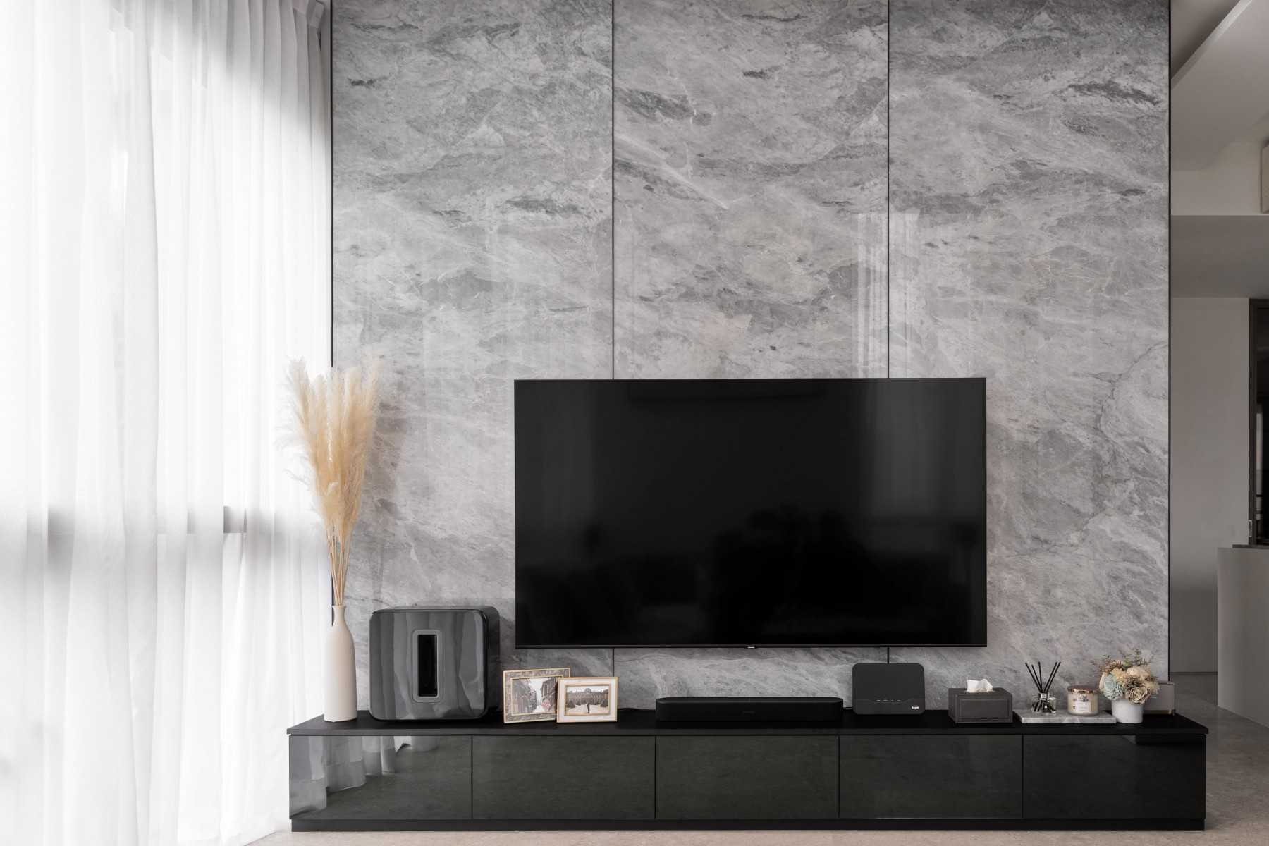 Contemporary Living Room with TV Console and Feature Wall