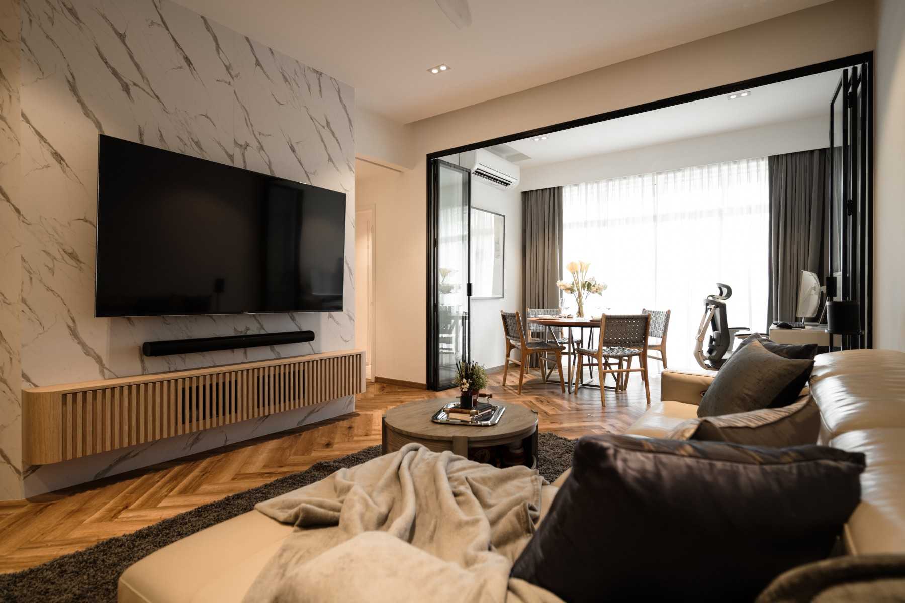 Transitional Living Room with TV Console and Feature Wall